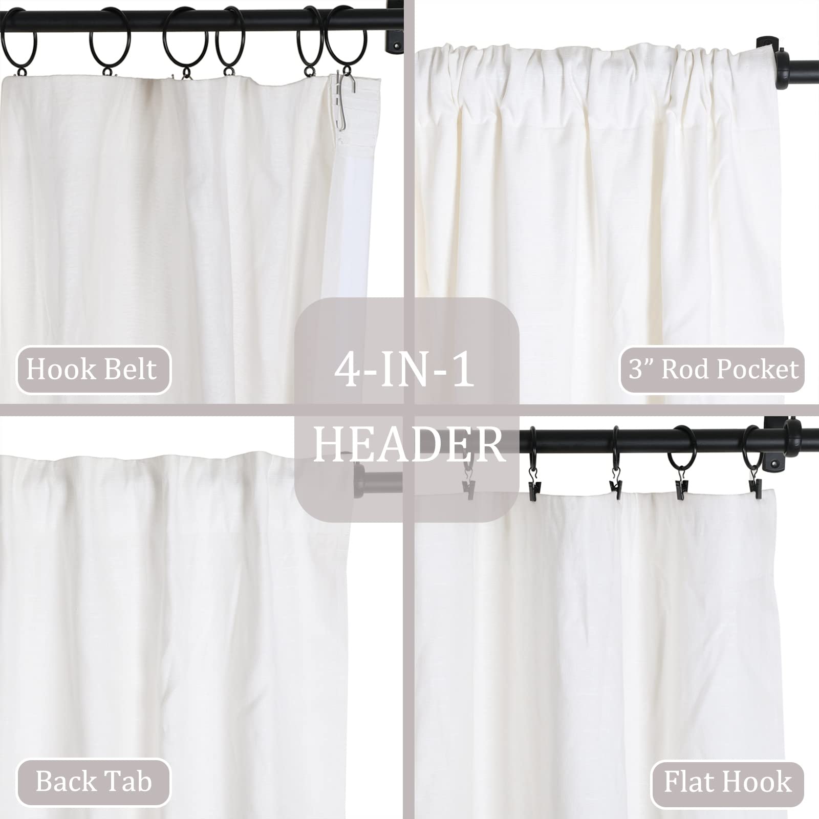 Premium Blackout Curtains - ChadMade 100% Cotton Linen Window Drapes with 4-in-1 Header Design (50
