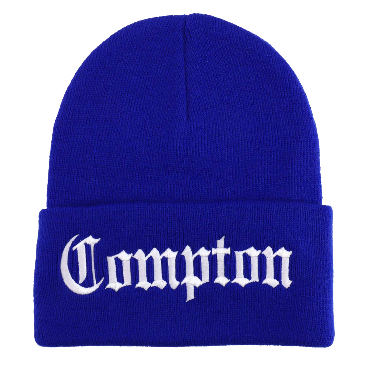Trendy Embroidered Beanie with Old English Font - Unisex Winter Hat for Men & Women - Warm Long Cuff Skull Cap - Perfect for Streetwear, Hip Hop Fashion & Cold Weather (Compton Style)