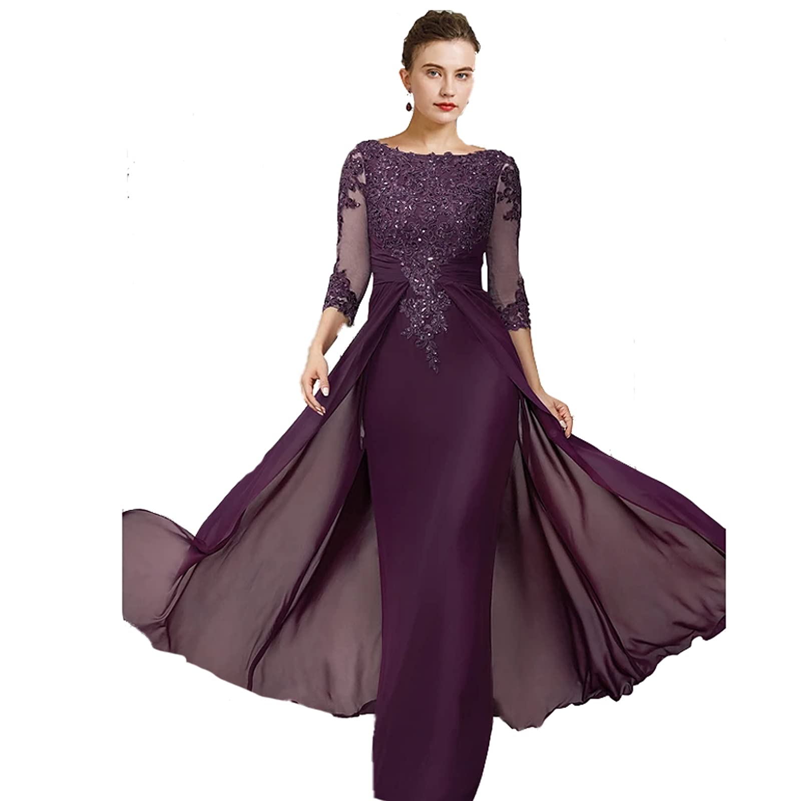 Elegant Mother of The Bride Dress with Jewel Neck & Asymmetrical Hem - Floor Length Chiffon Lace Gown with 3/4 Sleeves & Sequin Appliques - Perfect for Weddings, Formal Events & Special Occasions