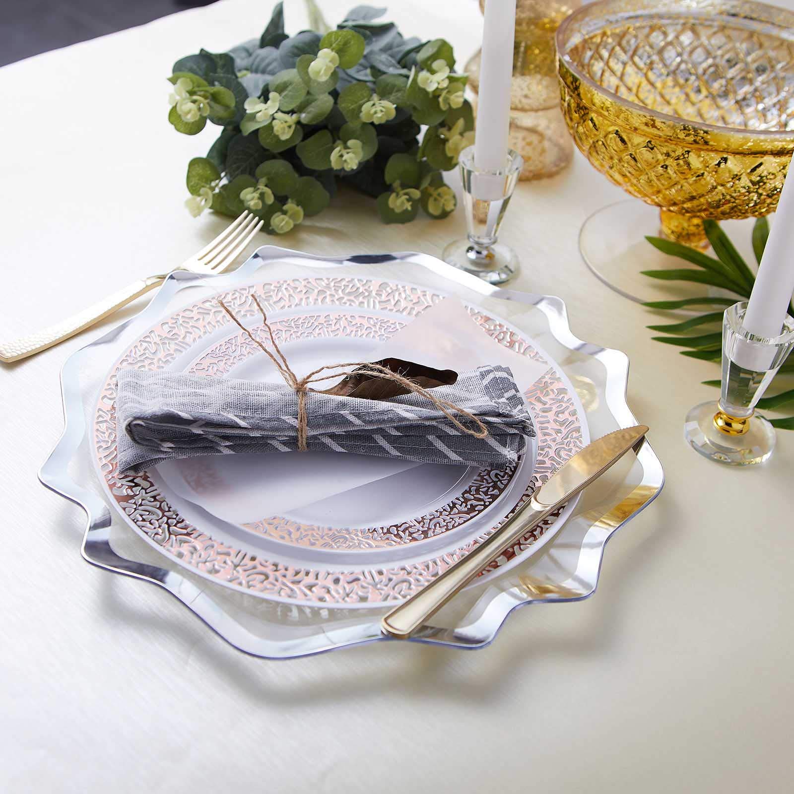 BalsaCircle 6-Pack 13-Inch Clear Silver Plastic Charger Plates with Scalloped Trim - Elegant Wedding, Reception, Party & Event Table Decorations - Perfect for Formal Dinners, Bridal Showers, and Holiday Celebrations