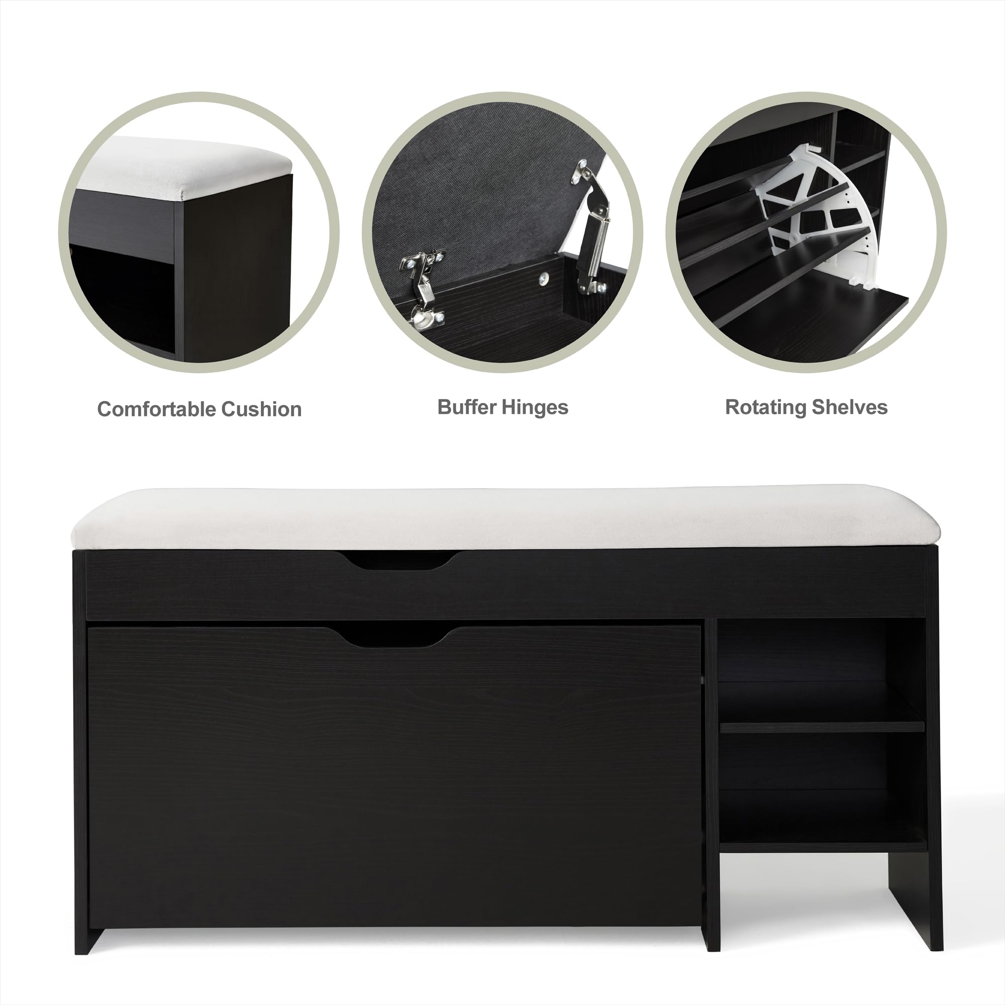 Netstar 3-Tier Shoe Storage Bench with Cushion & Flip Drawer - Lift Top Entryway Organizer for Shoes, Hats & Accessories - Perfect for Hallway, Living Room & Small Space Organization (Black)