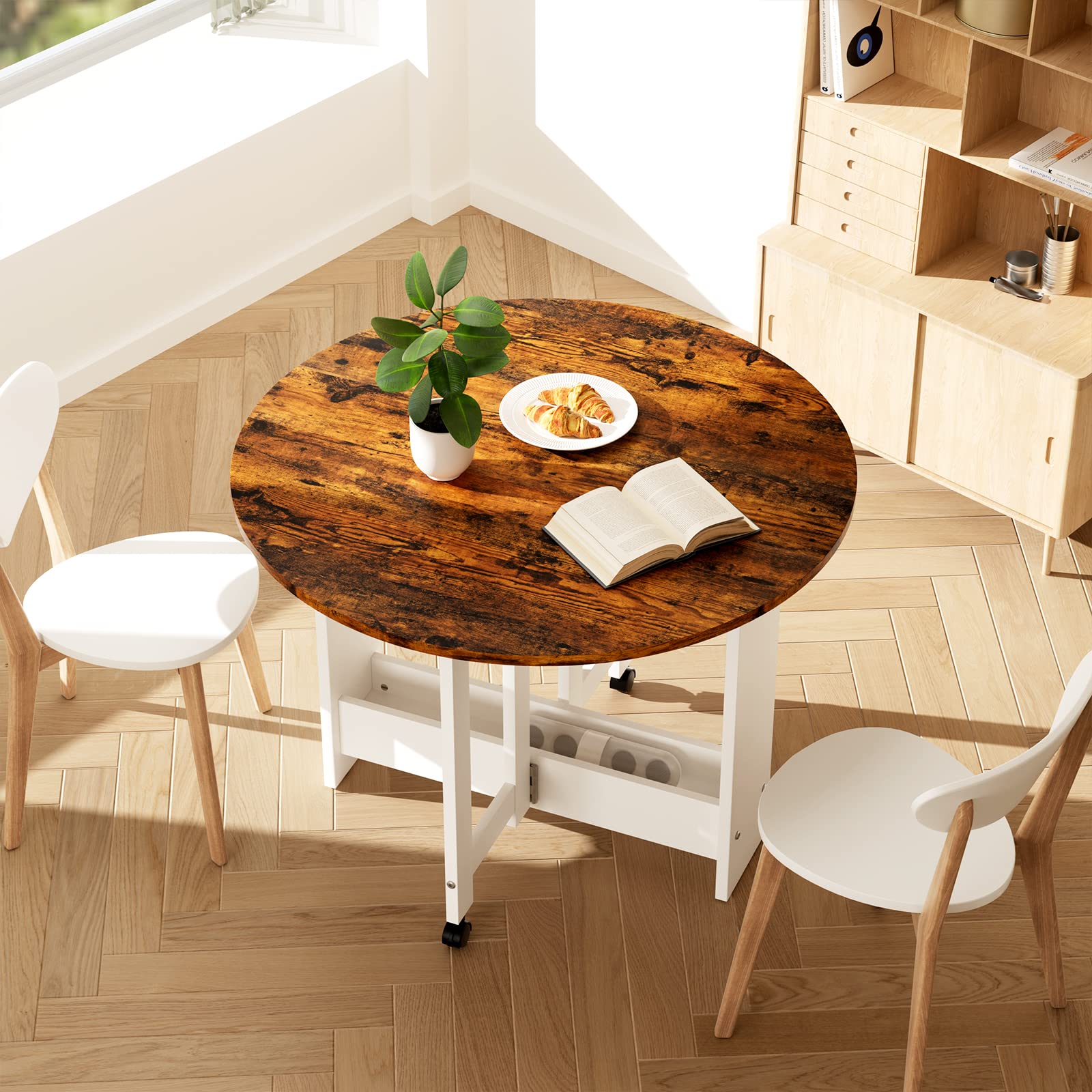 Upgraded Folding Dining Table - Convertible Drop Leaf Kitchen Table with 2-Tier Storage Racks, Space Saving Farmhouse Style in Rustic Brown - Perfect for Small Apartments, Studio Living & Compact Dining Areas