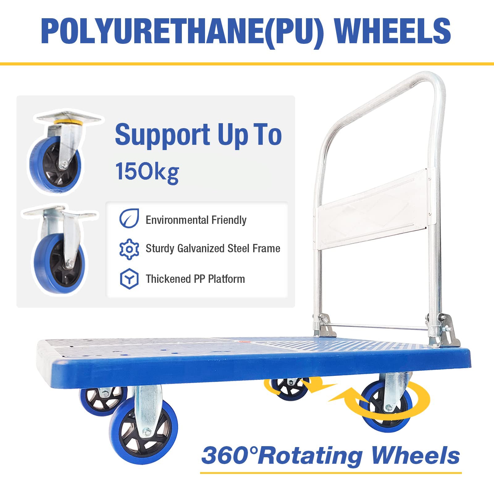 150kg Heavy Duty Foldable Warehouse Platform Trolley - Industrial Dolly Cart with Swivel Wheels for Moving, Loading & Transport - Perfect for Warehouse, Factory, Home & Office Use