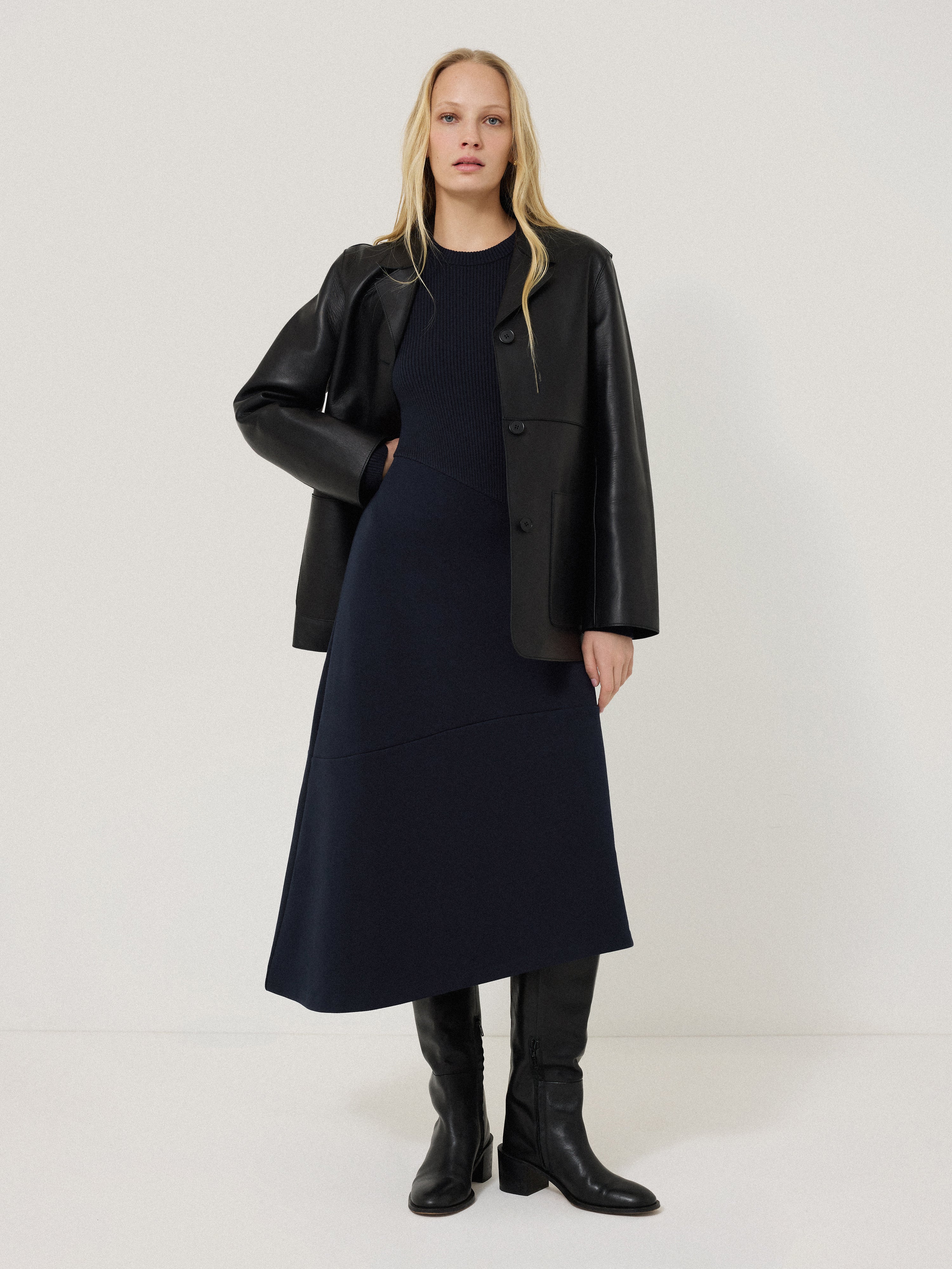 Stylish Mixed Media Paneled Dress in Navy Blue - Perfect for Casual Outings, Work, and Evening Events