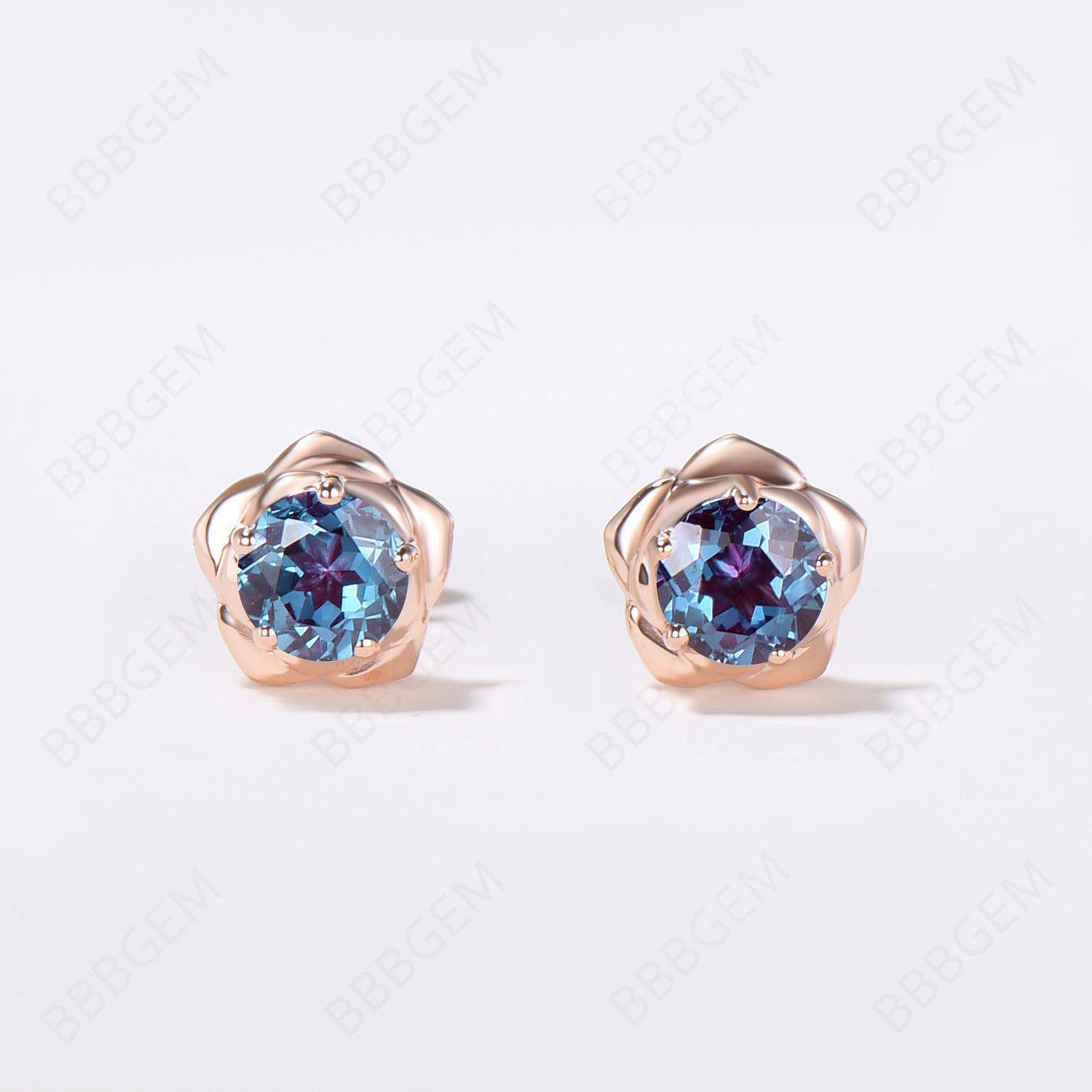 Rose Gold Flower Stud Earrings - Round Cut Alexandrite Gemstone Earrings for Women, Gift for Her, Birthday, Anniversary, Wedding, Party & Everyday Wear