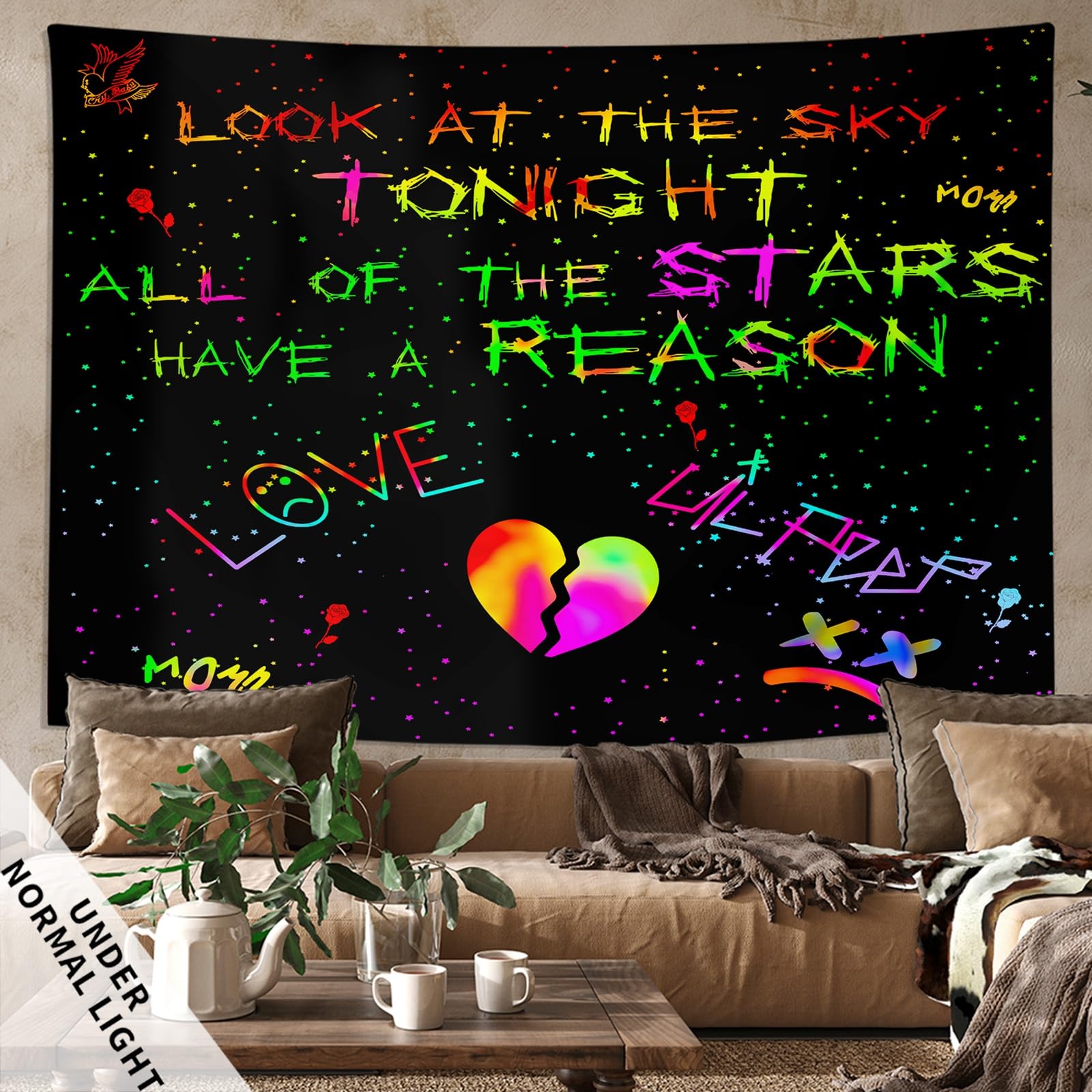 PSYHILAR Blacklight Lil Peep Tapestry - 60 x 50 Inch UV Reactive Wall Hanging for Bedroom & Dorm Decor - Black Light Posters for Adults Featuring 'Look At the Sky Tonight' Rapper Art - Perfect for Music Lovers, Room Aesthetics & Glow Party Decorations