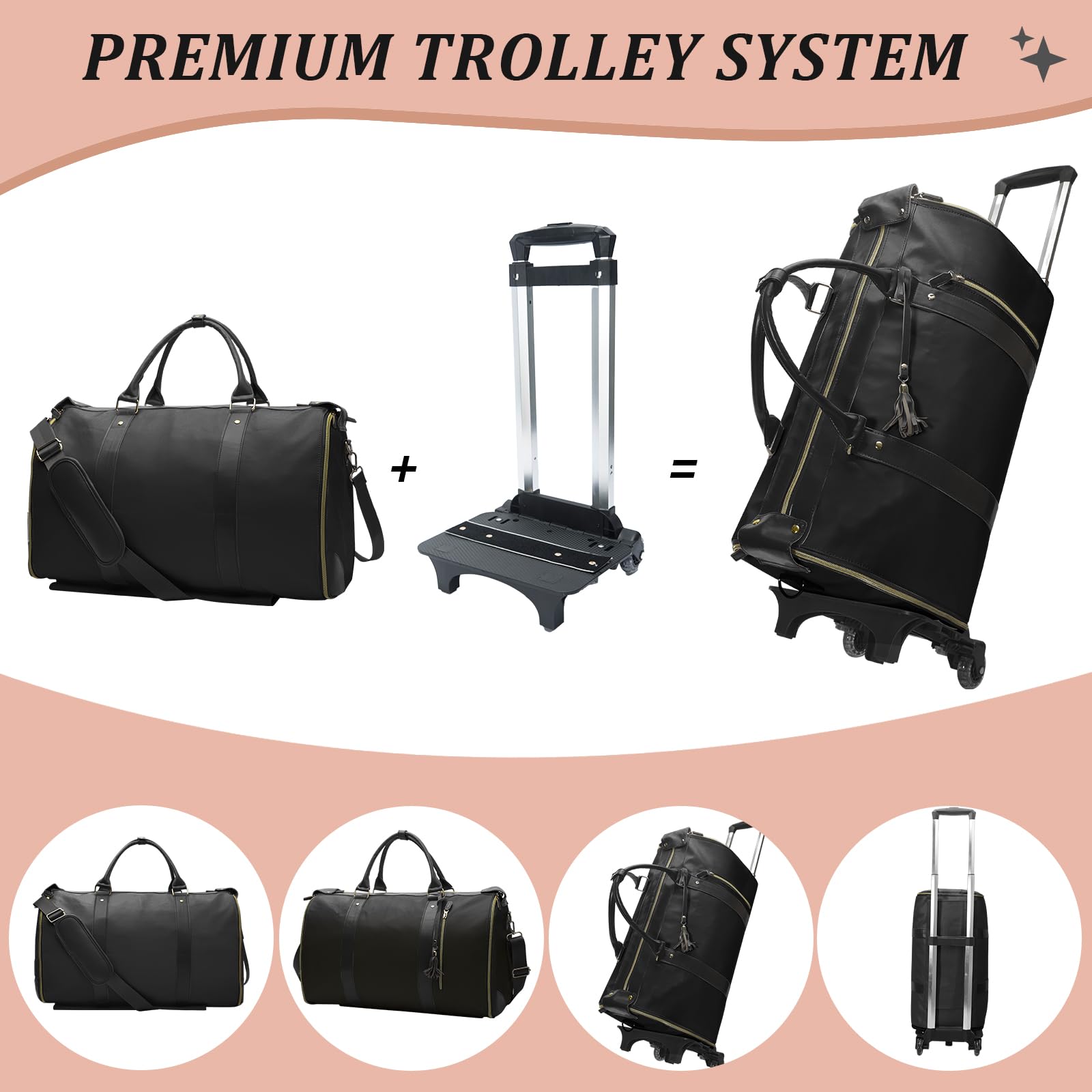 Rolling Garment Bag for Travel - Large Convertible Wheeled Duffel Carry On Luggage with Wheels, Weekender Bag for Women & Men (Black) - Perfect for Business Trips, Vacations & Airplane Travel
