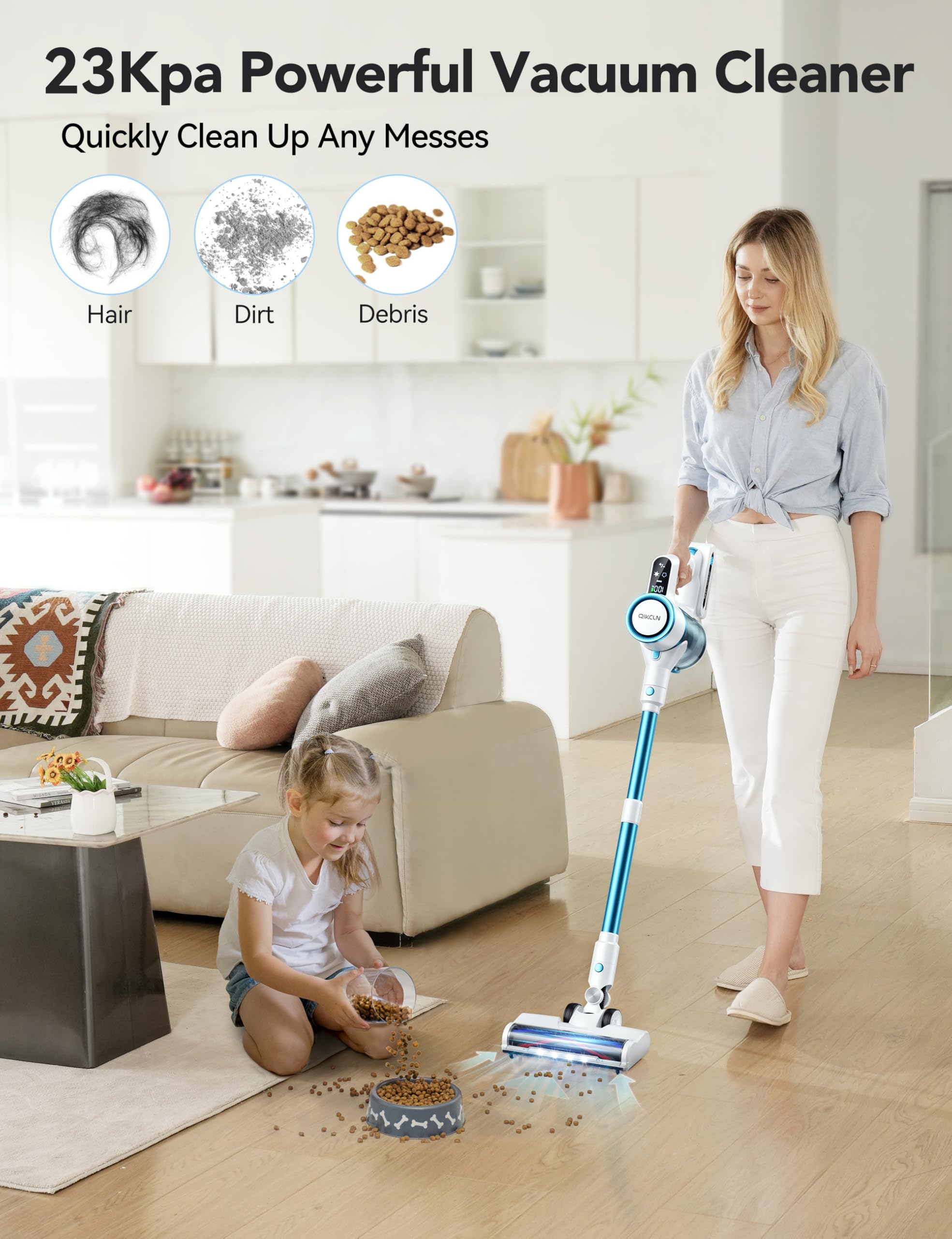 23Kpa Cordless Vacuum Cleaner with Rechargeable Battery - 40 Min Runtime, 2 Speed Settings for Pet Hair & Hardwood Floors - Lightweight Household Vacuum for Quick Cleaning (Green) - Perfect for Homes with Pets, Carpets, and Hardwood Floors