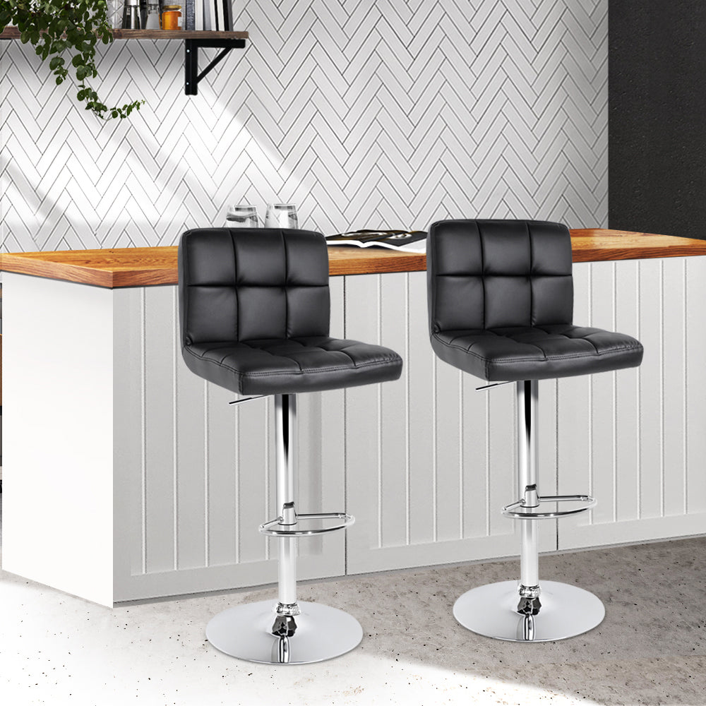 2 Black Leather Bar Stools with Gas Lift - Perfect for Kitchen Islands, Bars & Home Decor