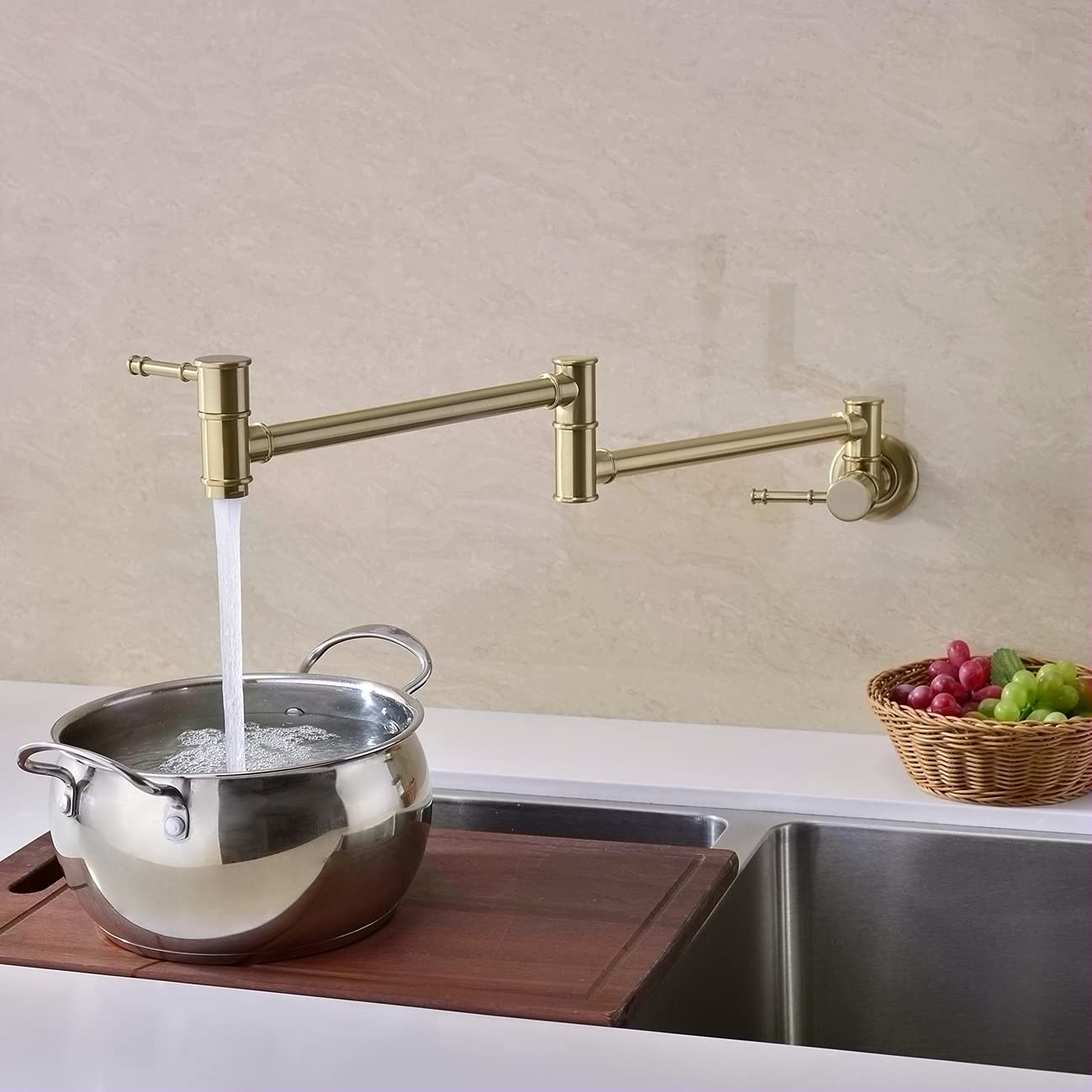 Brushed Gold Wall Mounted Pot Filler Faucet - Double Joint Swing Arm, Single Hole, Two Handle Brass Kitchen Faucet with Stretchable Folding Design for Easy Pot Filling - Perfect for Home Chefs and Busy Kitchens
