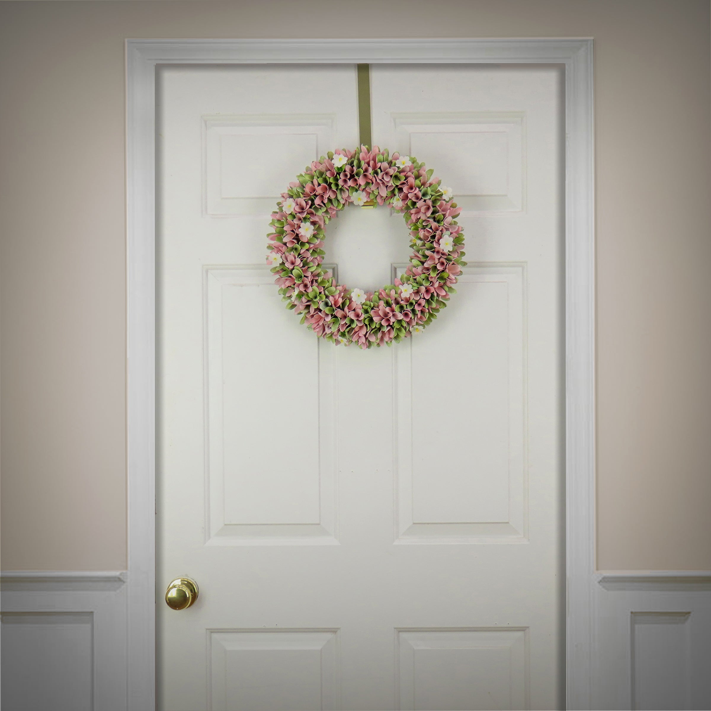 18 Inch Spring Wreath with Pink & Green Wooden Flowers - Flowing Green Leaves Decor for Front Door, Wall, Mantel & Easter Home Decorations