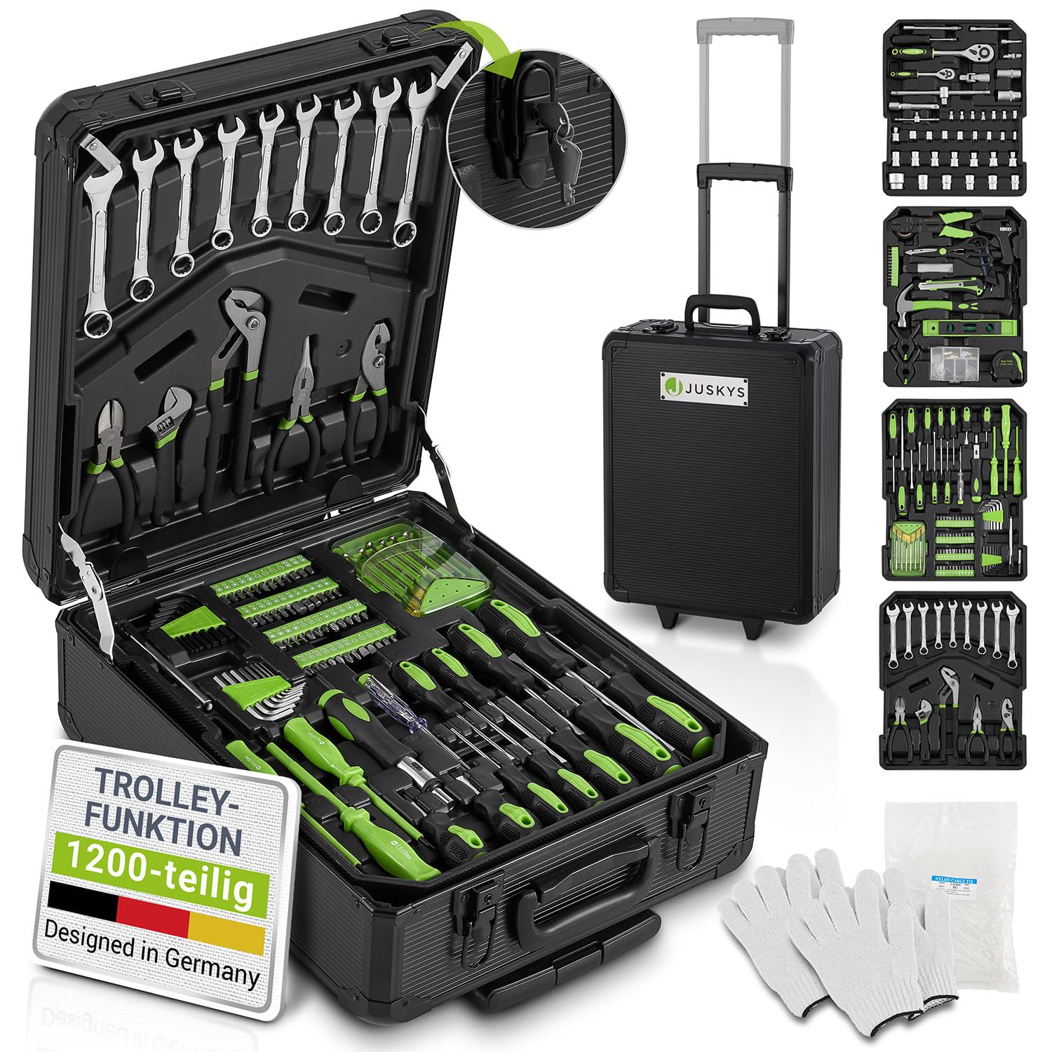 Juskys 1200-Piece Rolling Tool Box Set with Wheels - Heavy Duty Tool Trolley for Professional Mechanics & DIY Home Repair