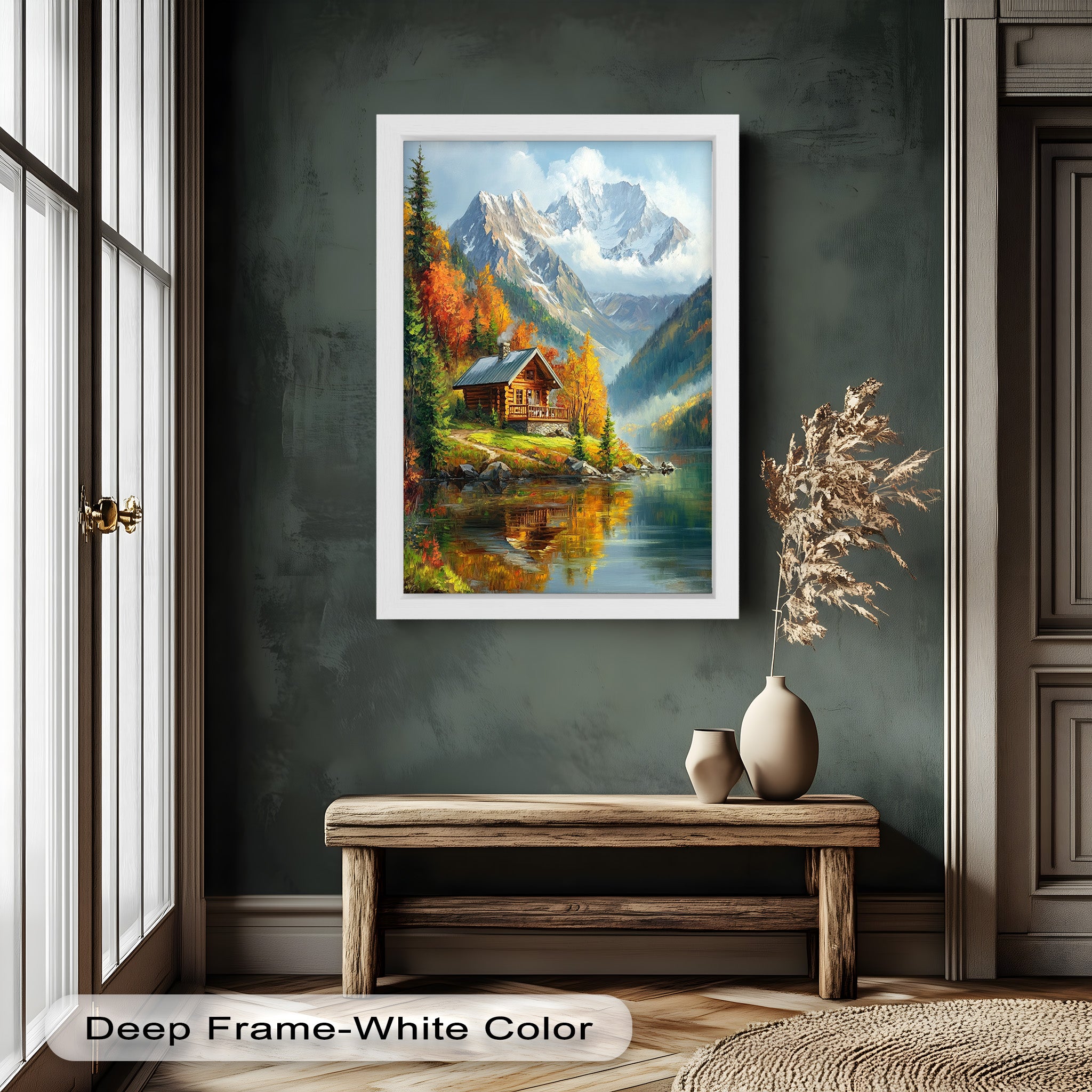 Autumn Retreat - Mountain Cabin by Lake Hudson River Oil Painting Wall Art for Living Room, Bedroom & Office Decor