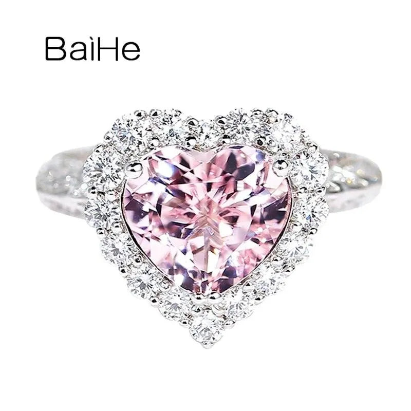 14K White Gold Natural Pink Morganite Diamond Heart Ring for Women - Elegant Wedding & Engagement Fine Jewelry - Perfect for Valentine's Day, Anniversary & Romantic Gifts