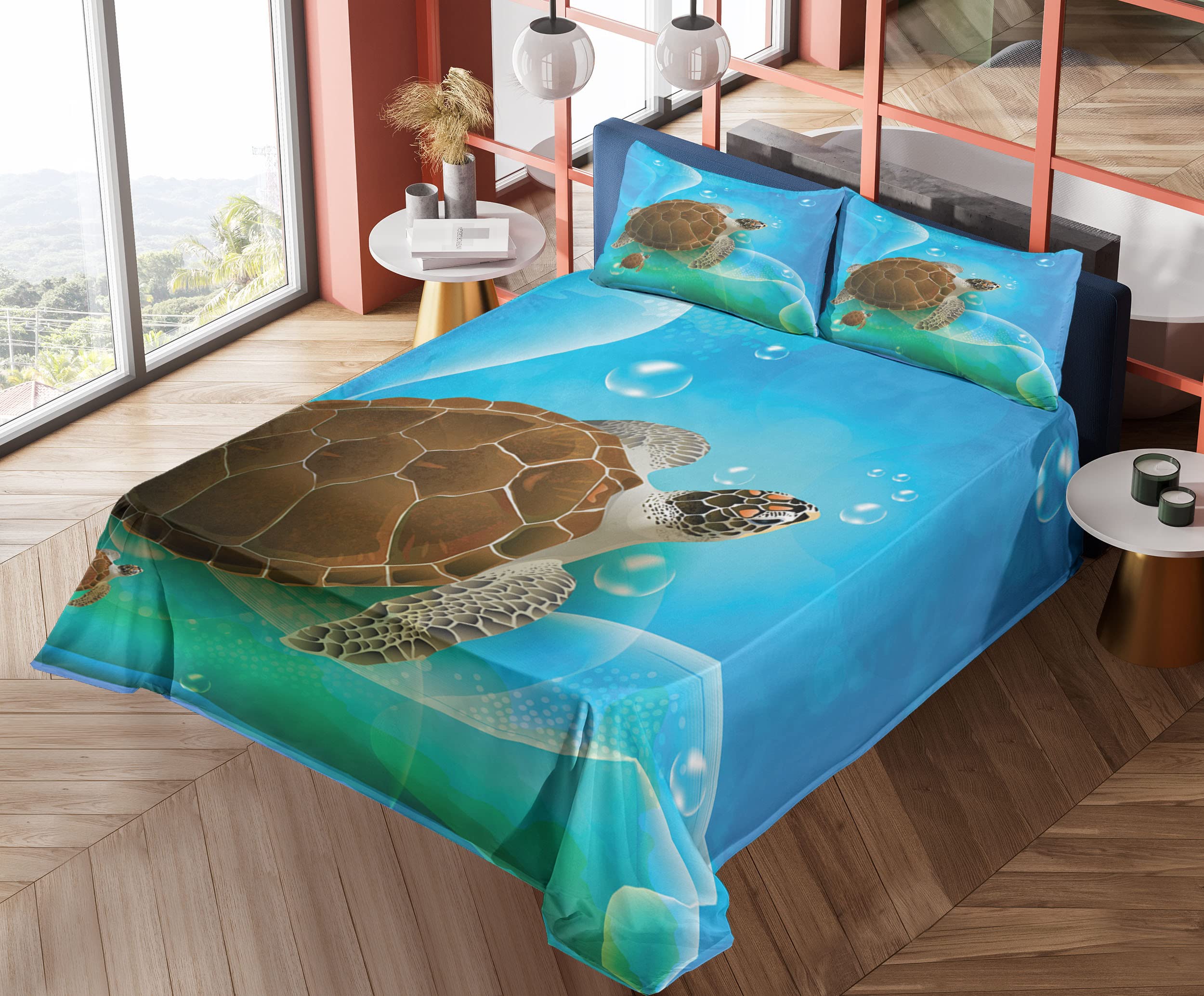 Ambesonne Ocean Themed 3-Piece Sheet Set - Turtle Family Swimming in Underwater World with Bubbles, Fun Cartoon Art, Twin Size Fitted & Flat Sheets with Pillowcase, Green Blue Brown - Perfect for Kids' Rooms, Beach Themed Decor, or Marine Life Enthusiasts