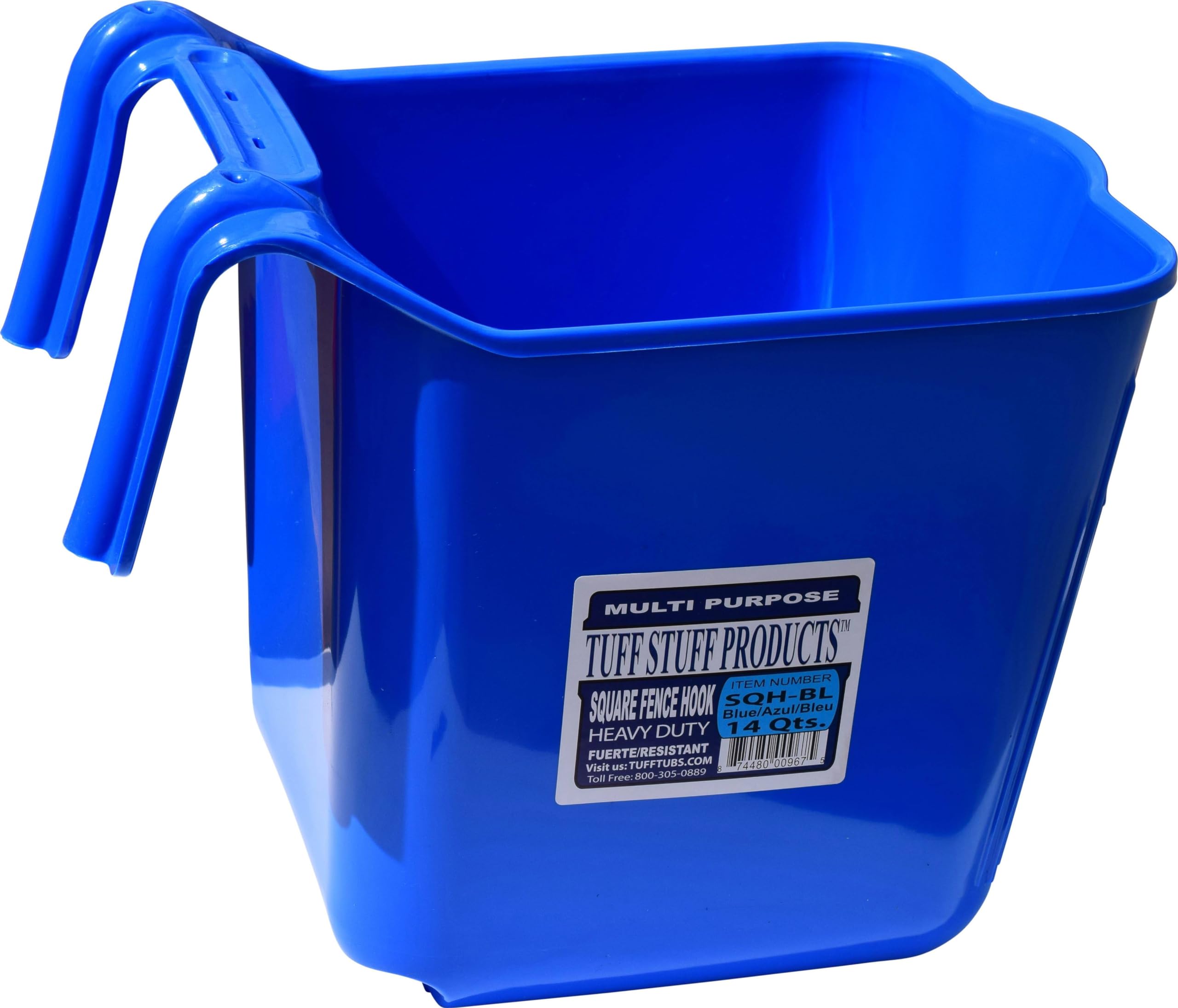 Tuff Stuff Square Fence Hook Bucket 14 Quart (14qt) Blue - Heavy Duty Storage Container for Farm, Garden, and Outdoor Organization