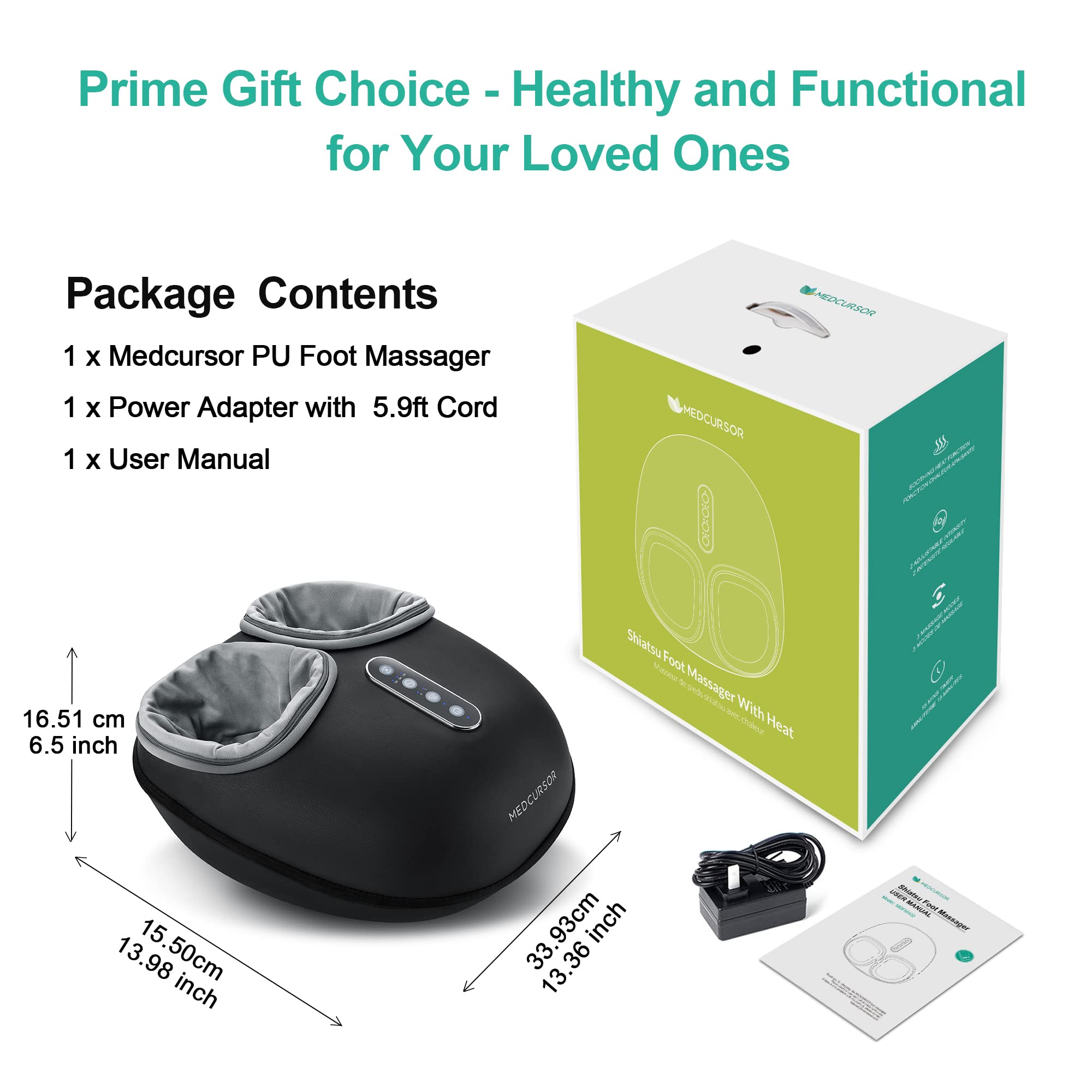 Medcursor Electric Shiatsu Foot Massager with Heat Therapy - Deep Kneading & Air Compression for Foot Pain Relief, Improved Circulation - 3 Speed Levels for Home, Office & Travel Use - Perfect for Relaxation After Work, Gym or Long Flights