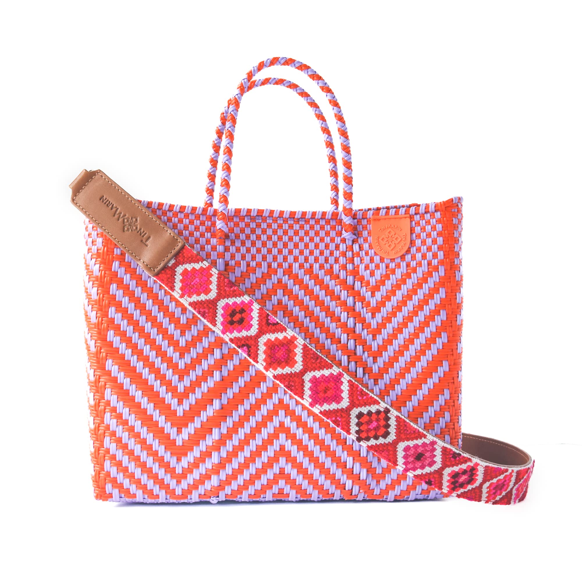Positano Medium Woven Crossbody Bag with Detachable Mesh Pouch - Orange & Purple Recycled Plastic Beach Purse | Handmade Mexican Artisan Bag for Vacation, Travel & Resort Wear
