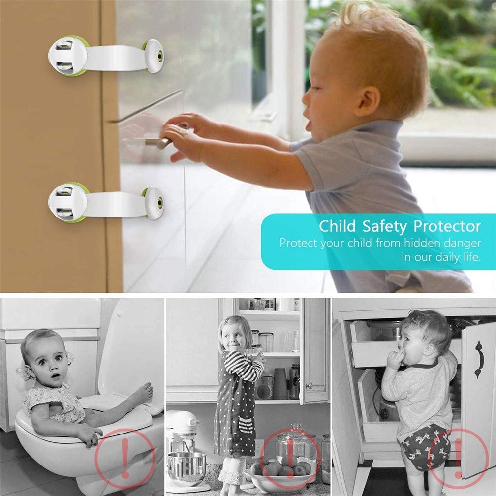 Child Safety Locks 5-Pack - Strong Adhesive Baby Proof Cabinet Locks for Kitchen Cabinets, Drawers, Fridge, Oven & Appliances - Secure Closet, Trash Bins & More - Eco-Friendly Green (Perfect for Baby Proofing Homes & Child Safety)