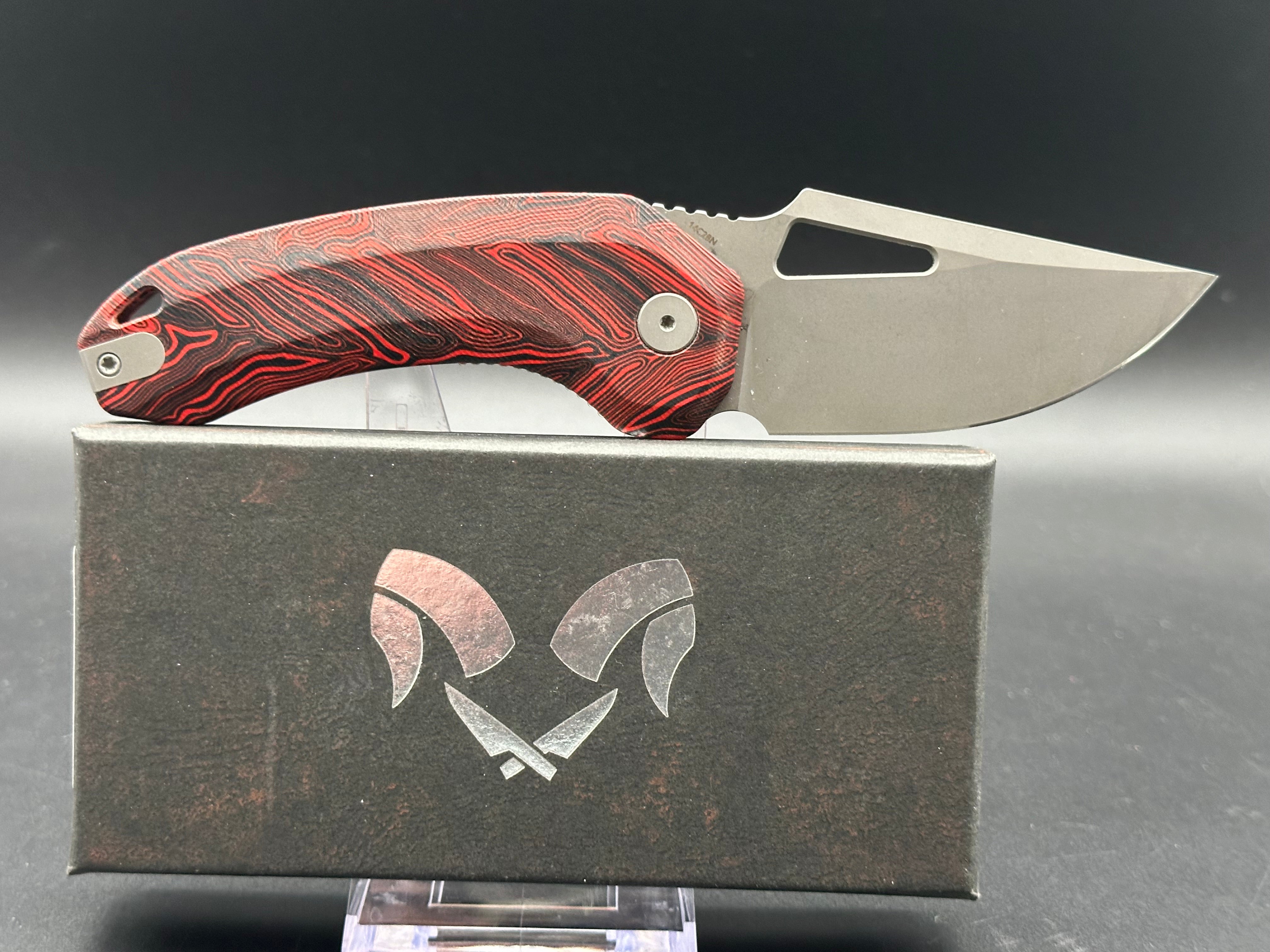 Damned Designs Djinn XL Liner Lock Folding Knife - Red/Black Damascus Steel Blade, 3.5