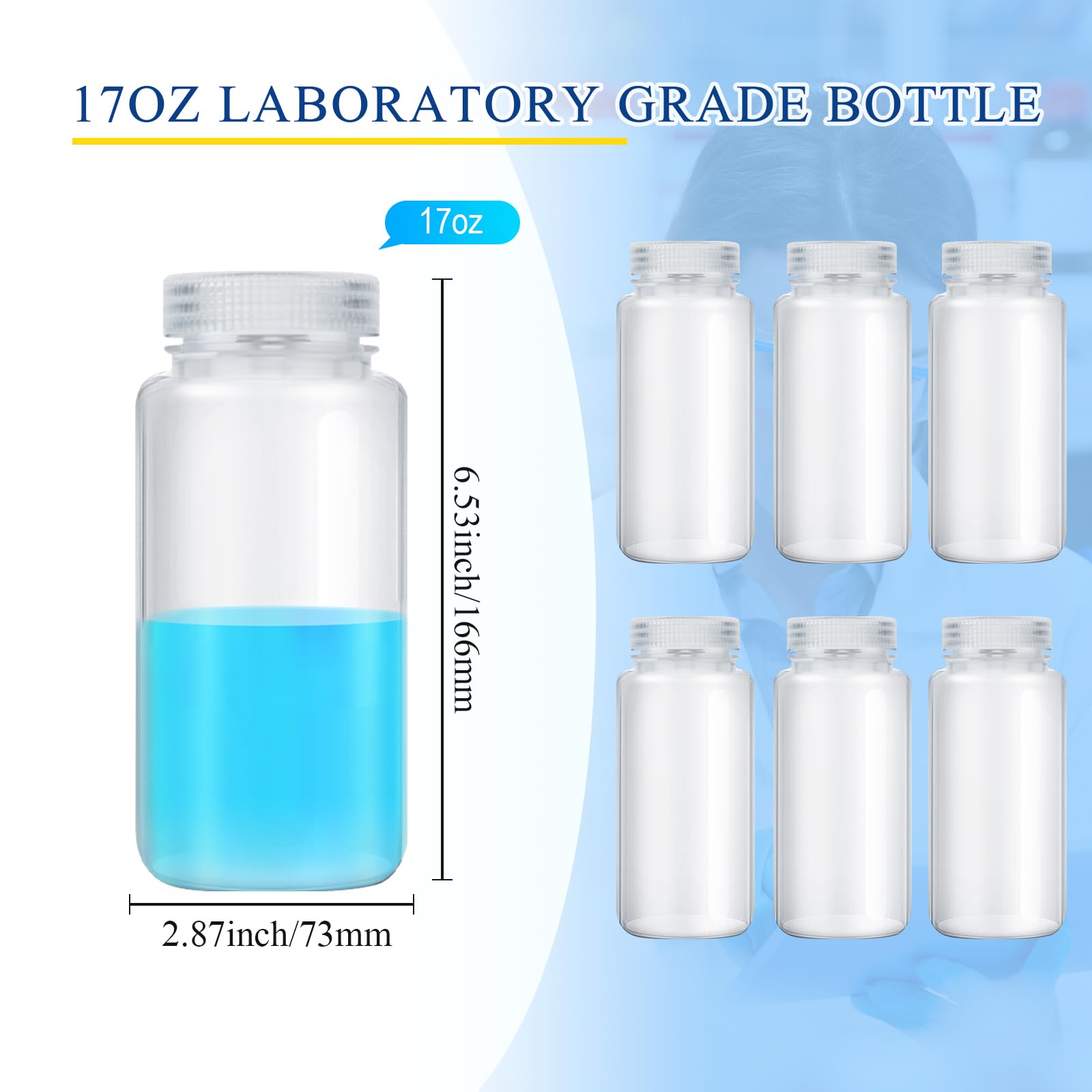Tatuo 6-Pack 16oz (500ml) Plastic Sample Bottles with Lids - Wide Mouth Reagent Bottles for Water Testing, Lab Experiments & Scientific Research - Durable PP Translucent Containers for Laboratories, Home Chemistry & DIY Projects