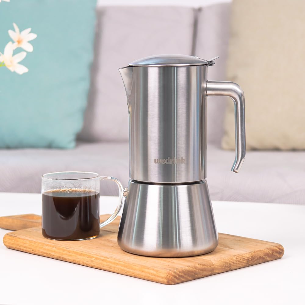 Wedrink Stovetop Espresso Maker - 4 Cup (6.5 oz) Stainless Steel Moka Pot for Greca Coffee - Works on Induction, Electric & Gas Stoves - Perfect for Home Brewing, Camping & Office Use