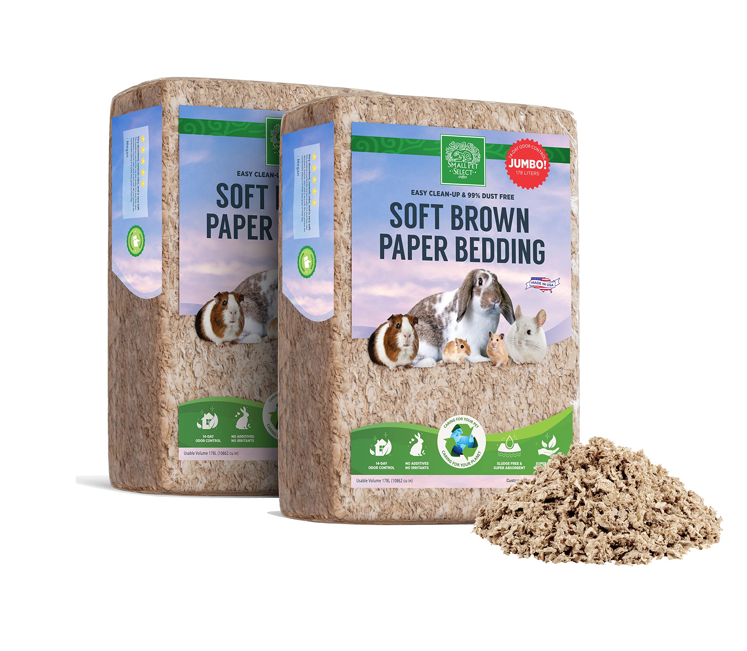 Small Pet Select Natural Paper Bedding, Jumbo 178L, 2-Pack - Eco-Friendly, Dust-Free, Absorbent Small Animal Cage Liner for Hamsters, Rabbits, Guinea Pigs, and More