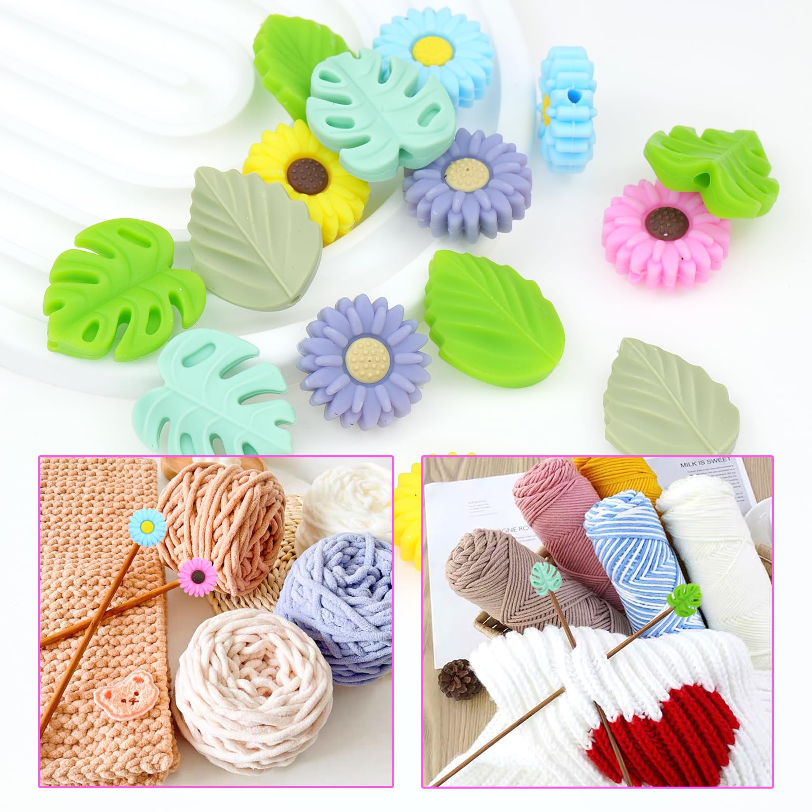 16 Pcs Knitting Needle Stoppers - Cute Leaf Daisy Sunflower Silicone Stoppers & Needle Minders for Knitting & Crochet | DIY Handmade Craft Supplies | Perfect for Yarn Projects, Needle Protection & Organizing Knitting Tools