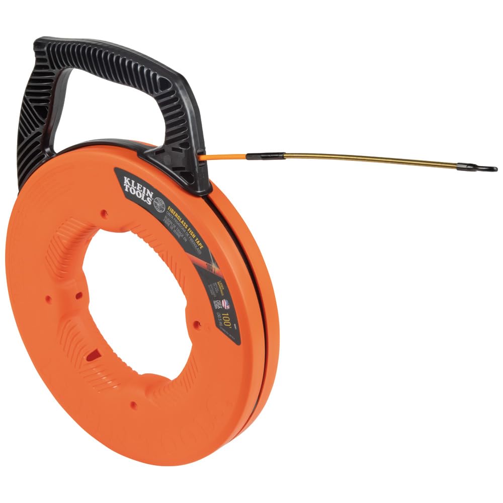 Klein Tools 56351 Non-Conductive Electrical Fish Tape - 100-Foot Fiberglass Wire Puller with Steel Leader & Optimized Housing | Perfect for Electricians, DIY Home Wiring & Cable Installation Projects