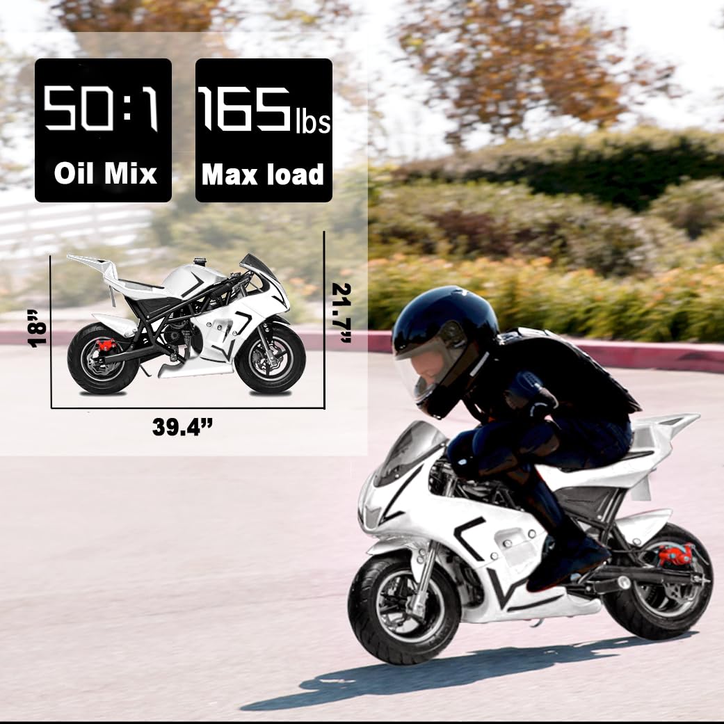 50cc 2-Stroke FRP Gas Pocket Bike GPB03 - EPA Approved Mini Motorcycle for Kids & Teens with Dual Brake System, 20 MPH Max Speed, 165 LB Weight Capacity - Realistic Racing Pocket Rocket (White) | Perfect for Backyard Racing, Neighborhood Cruising & Outdoor Adventures