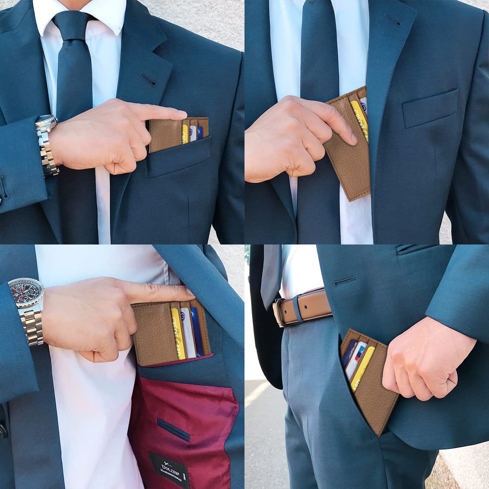 RFID Blocking Leather Credit Card Holder Wallet - Ultra Slim & Minimalist Design for Men & Women - 6 Card Slots + 1 Pocket - Front Pocket Wallet for Everyday Use & Travel (Brown)