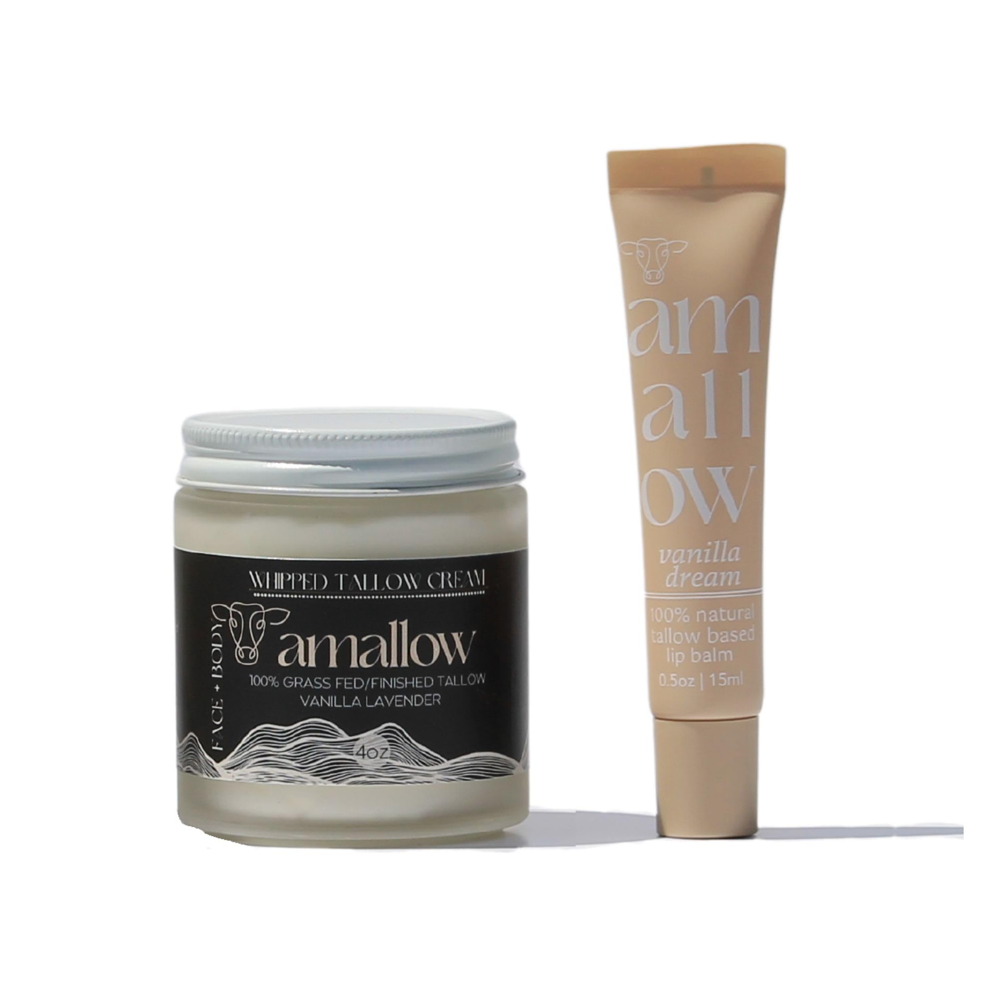 100% Grass Fed Beef Tallow Skincare Set - Organic Moisturizing Cream for Face & Body (Vanilla Lavender) + Natural Tallow Lip Balm (Vanilla Dream) | Hydrating Dry Skin Care, Eczema Relief & Winter Lip Protection