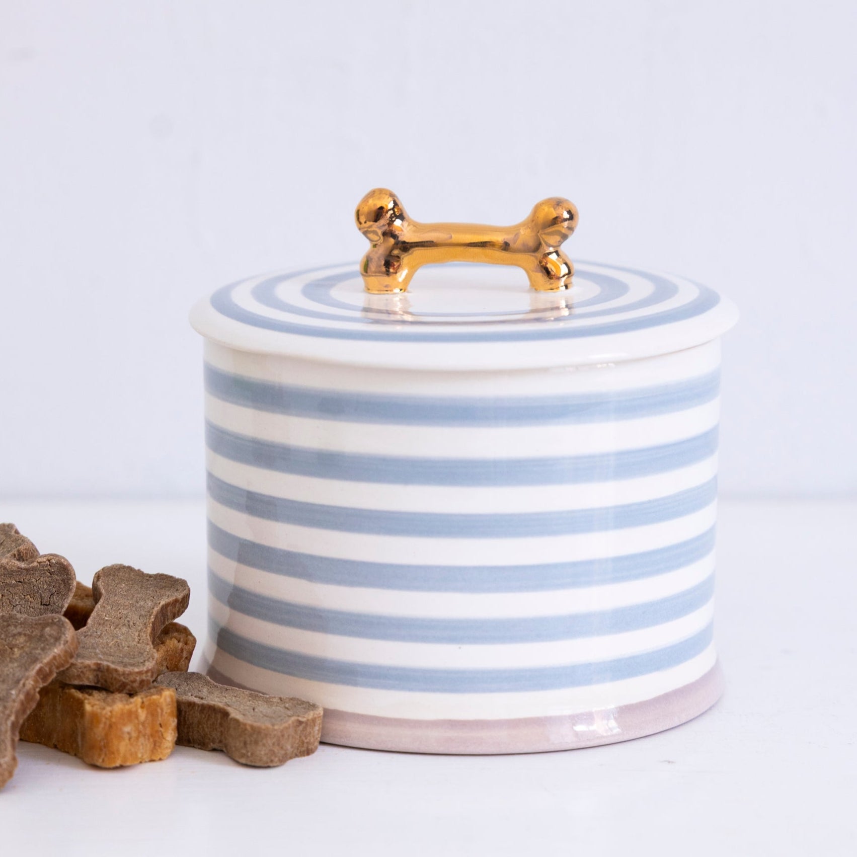 Jill Rosenwald X Polkadog Bone Jar in Morning Fog - Ceramic Dog Treat Storage Container for Pet Snacks - Perfect for Kitchen Countertop or Pet Feeding Station Organization