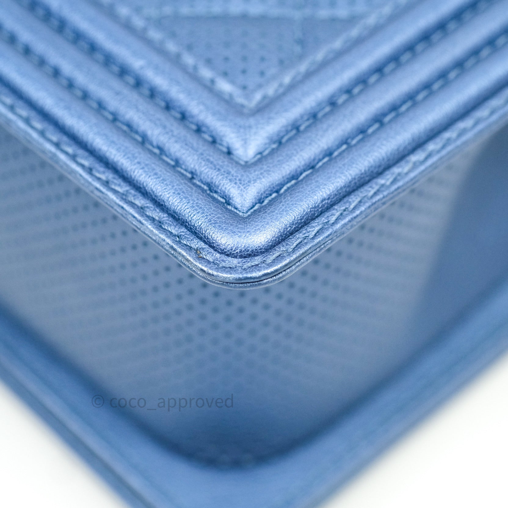 Chanel Boy Medium Handbag in Blue Metallic Calfskin with Perforated Design & Silver Hardware - Perfect for Evening Events, Date Nights, and Luxury Fashion Accessories