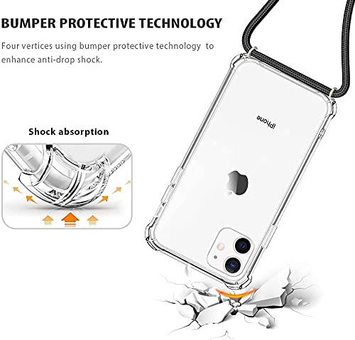 YESPURE Clear Shockproof TPU Phone Case for iPhone 11 with Adjustable Neck Strap - Slim Protective Cover for Women, Soft Crossbody Design (Black) | Perfect for Travel, Work, and Everyday Use