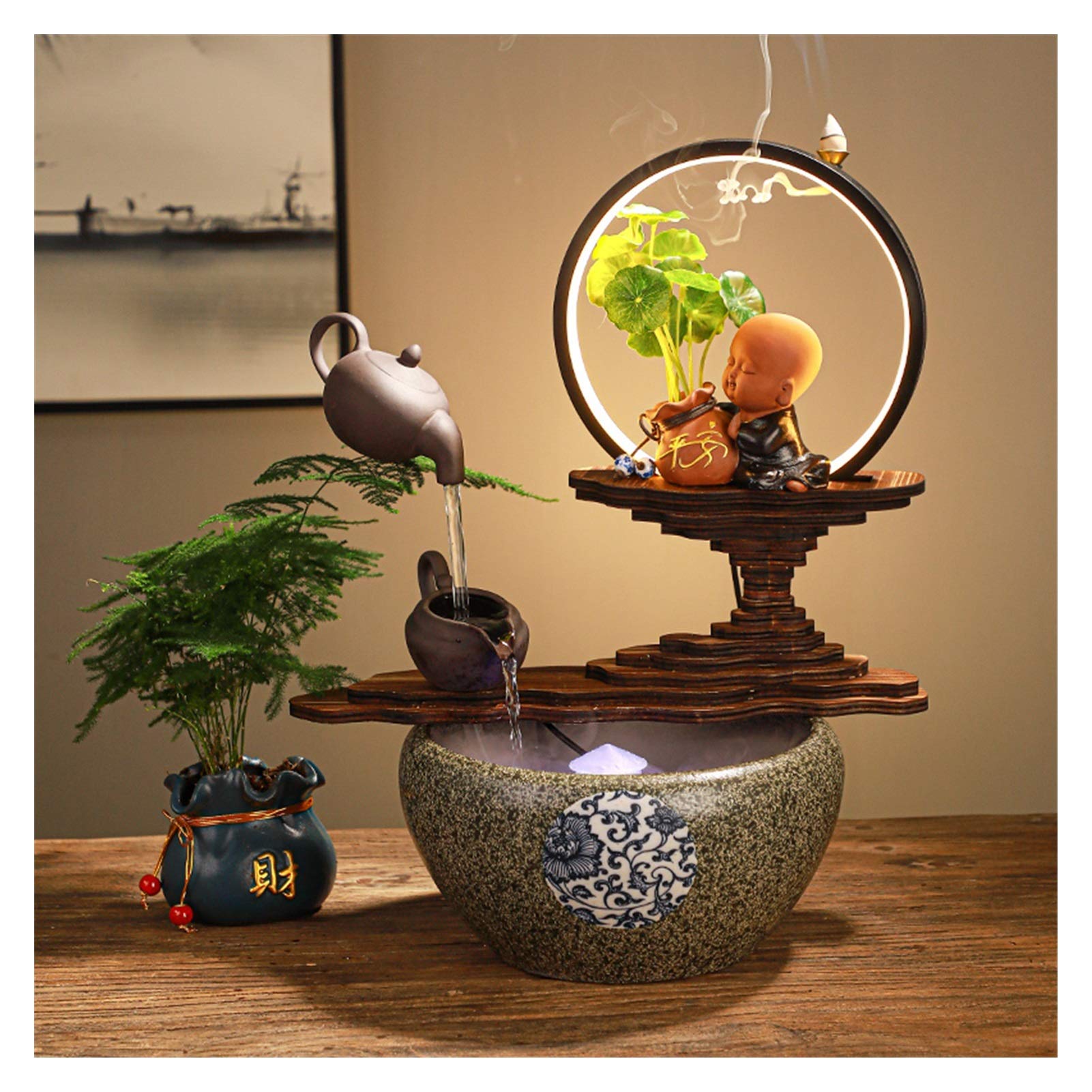 Chinese Style Tabletop Fountain - Hanging Pot Circulating Water Feature with Humidifier | Zen Home Decor for Living Room, Office Desk, Meditation Space | Relaxing Desktop Waterfall for Feng Shui & Jewelry Display (Color: Emerald)