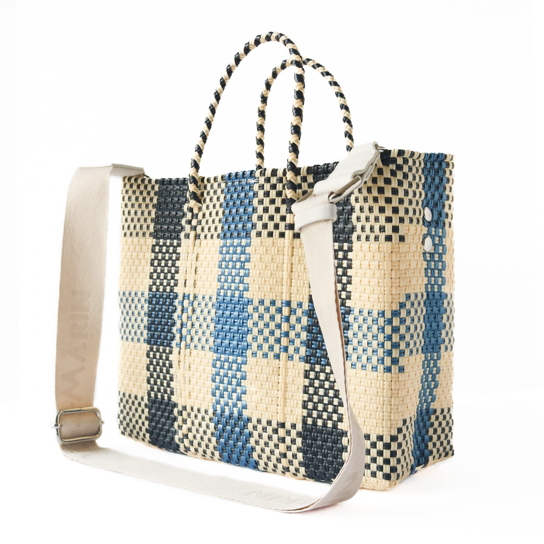 Eco-Friendly Cabo Medium Woven Crossbody Bag with Detachable Mesh Pouch - Beige, Blue & Black Beach Tote | Recycled Plastic Mexican Artisan Purse | Perfect for Vacation, Resort Wear & Summer Travel Accessories