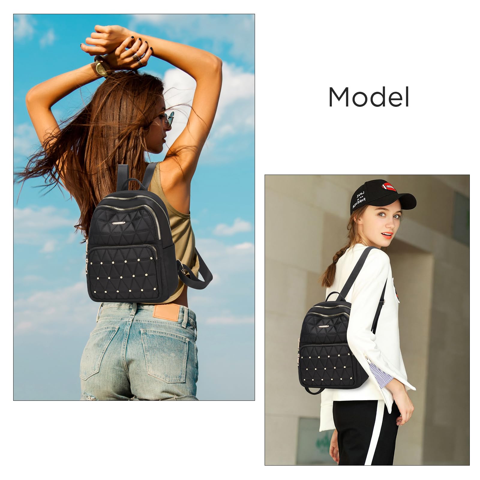 IHAYNER Mini Backpack for Women - Lightweight Nylon Shoulder Bag for Travel, College & Work - Stylish Casual Daypack with Rivets (Black) - Perfect for Daily Commute, Weekend Outings & School Essentials