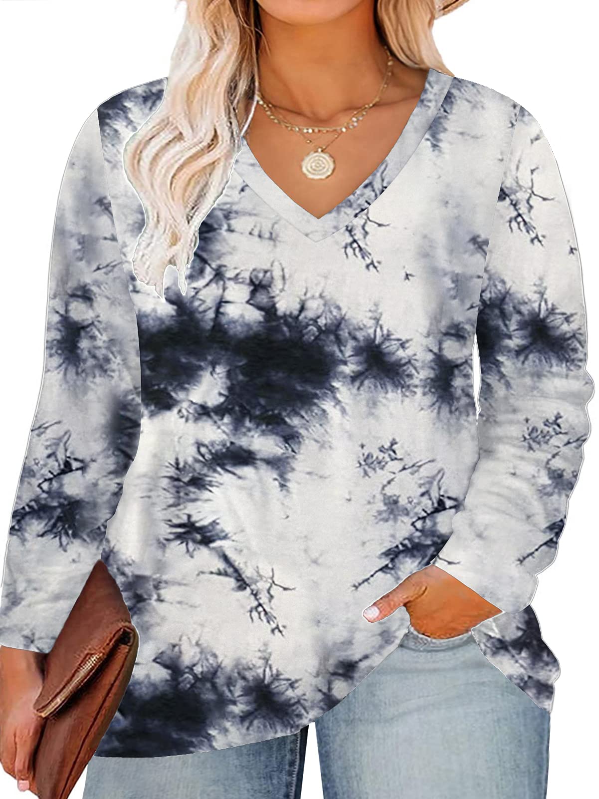 ROSRISS Women's Plus Size Long Sleeve V-Neck Tunic Tops - Solid Color Blouse Tee Shirts for Casual Wear, Office & Everyday Outfits
