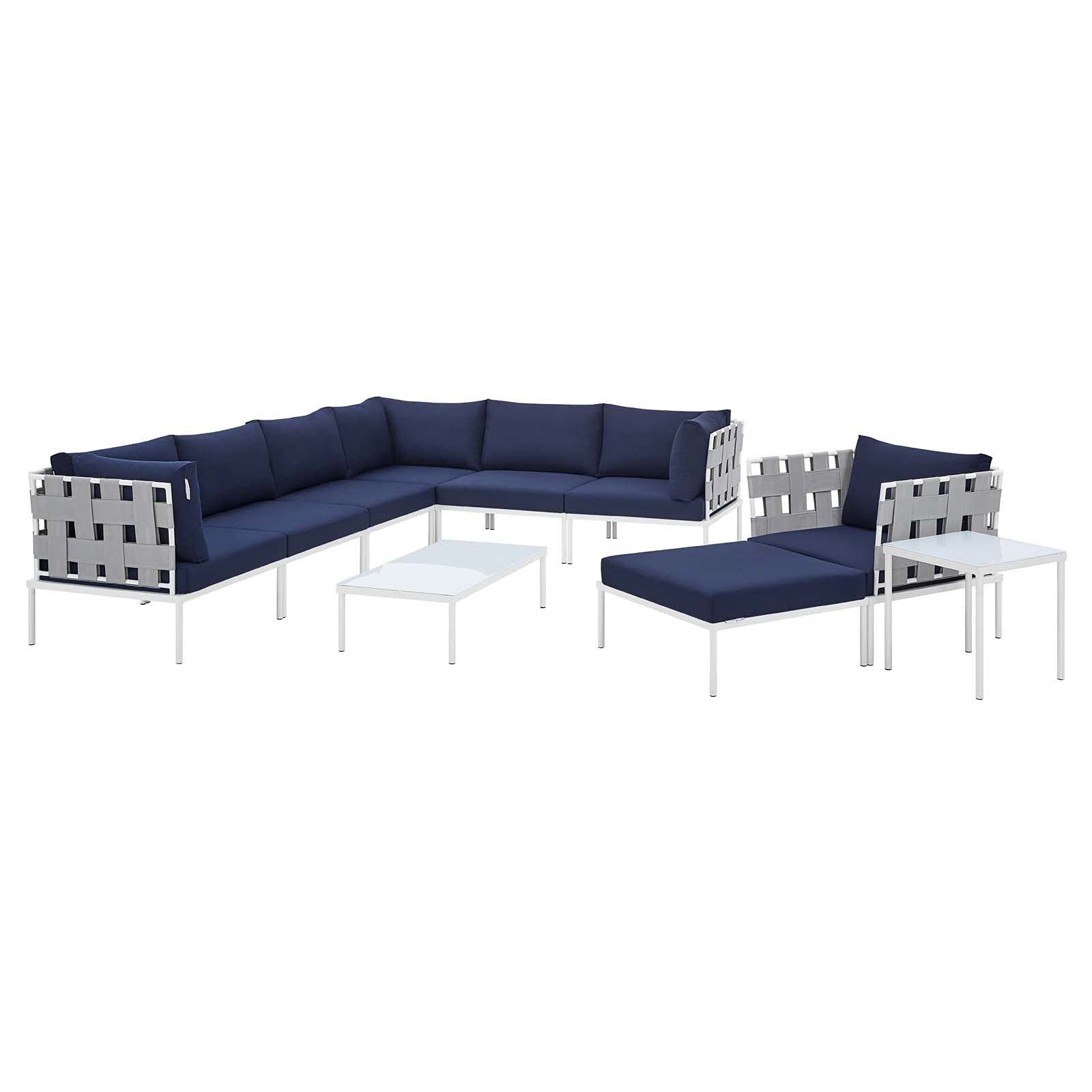Modern Aluminum Lounge Sectional Sofa Set with Coffee Table - Gray & Navy Outdoor Patio Furniture for Garden, Poolside, and Backyard Relaxation