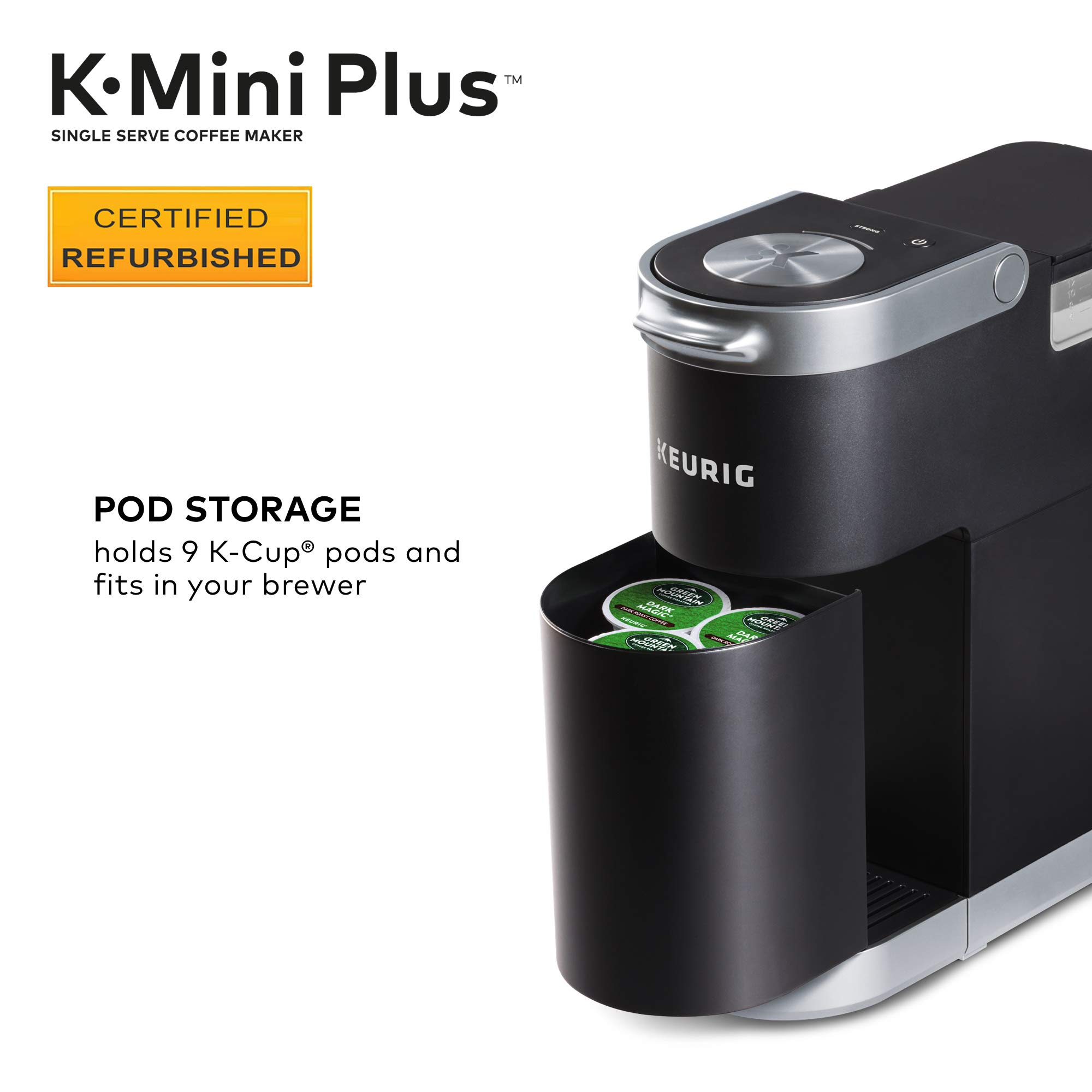 Certified Refurbished Keurig K-Mini Plus Single Serve Coffee Maker - Black (Renewed) | Compact Design for Home, Office & Dorm Use | Fast Brewing with No Water Reservoir