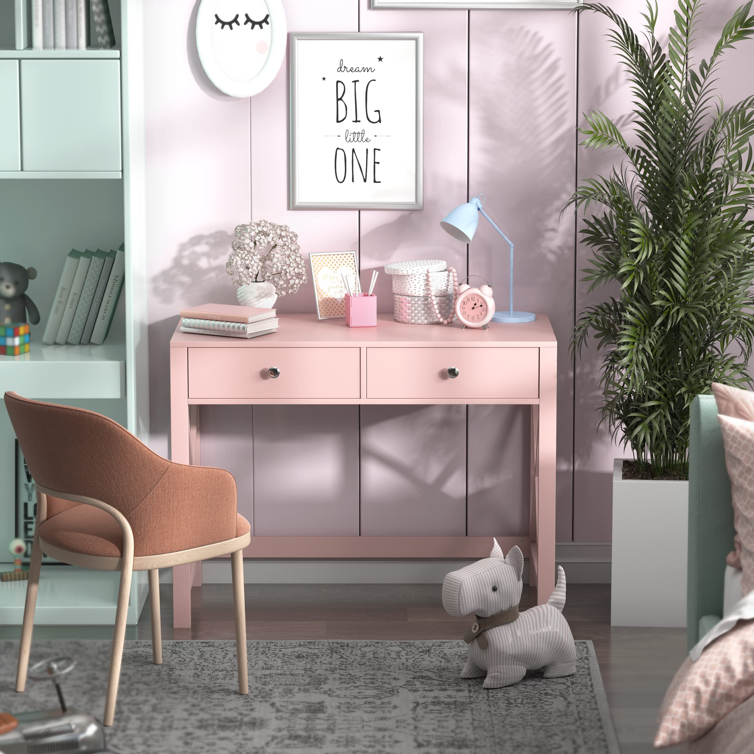 Modern Pink Home Office Desk with Drawers - WiberWi Small Writing Computer Desk & Study Table for Bedroom, Girls Makeup Vanity | Perfect for Remote Work, Online Classes & Beauty Routine Organization