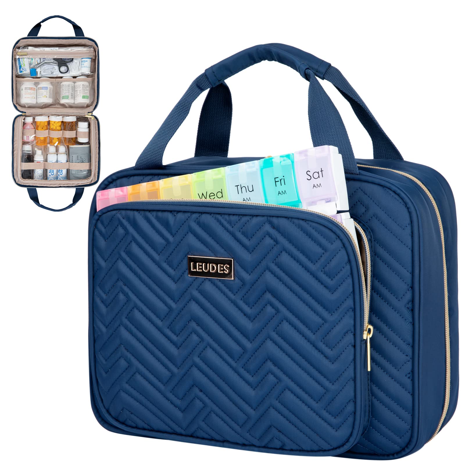 **Leudes Large Blue Travel Pill Organizer - Portable Medicine Storage Case for Pills, Vitamins, Fish Oil & Supplements - Perfect for Home, Car & Travel Use (Men & Women)**