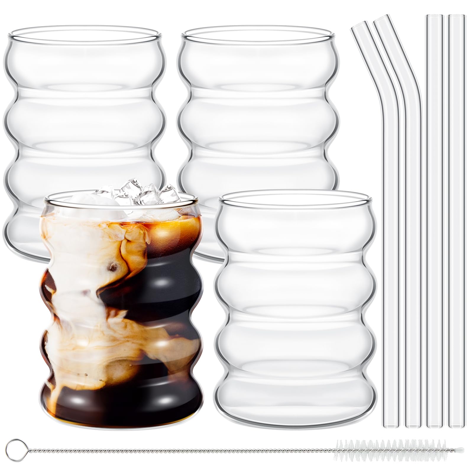 Vintage Ribbed Glass Cups Set of 4 - 13.5 oz Clear Drinking Glasses with Straws for Coffee, Juice & Beverages - Aesthetic Glassware for Kitchen, Dining & Entertaining