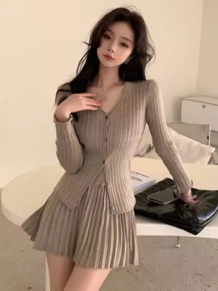 Elegant Women's Two-Piece Solid Knit Skirt Set - V-Neck Long Sleeve Cardigan & Mini Pleated Skirt | Y2K Korean Chic Outfit for Autumn | Perfect for Office, Date Night & Casual Wear