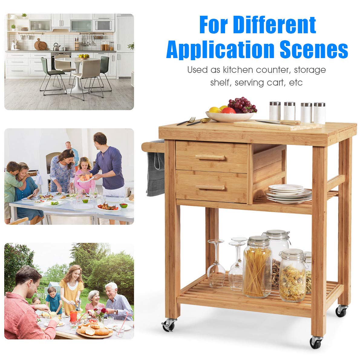 **Giantex Bamboo Kitchen Island Cart with 2 Drawers, Towel Rack & Locking Casters - Natural Wood Rolling Kitchen Trolley for Small Spaces, Dining Room & Food Prep**