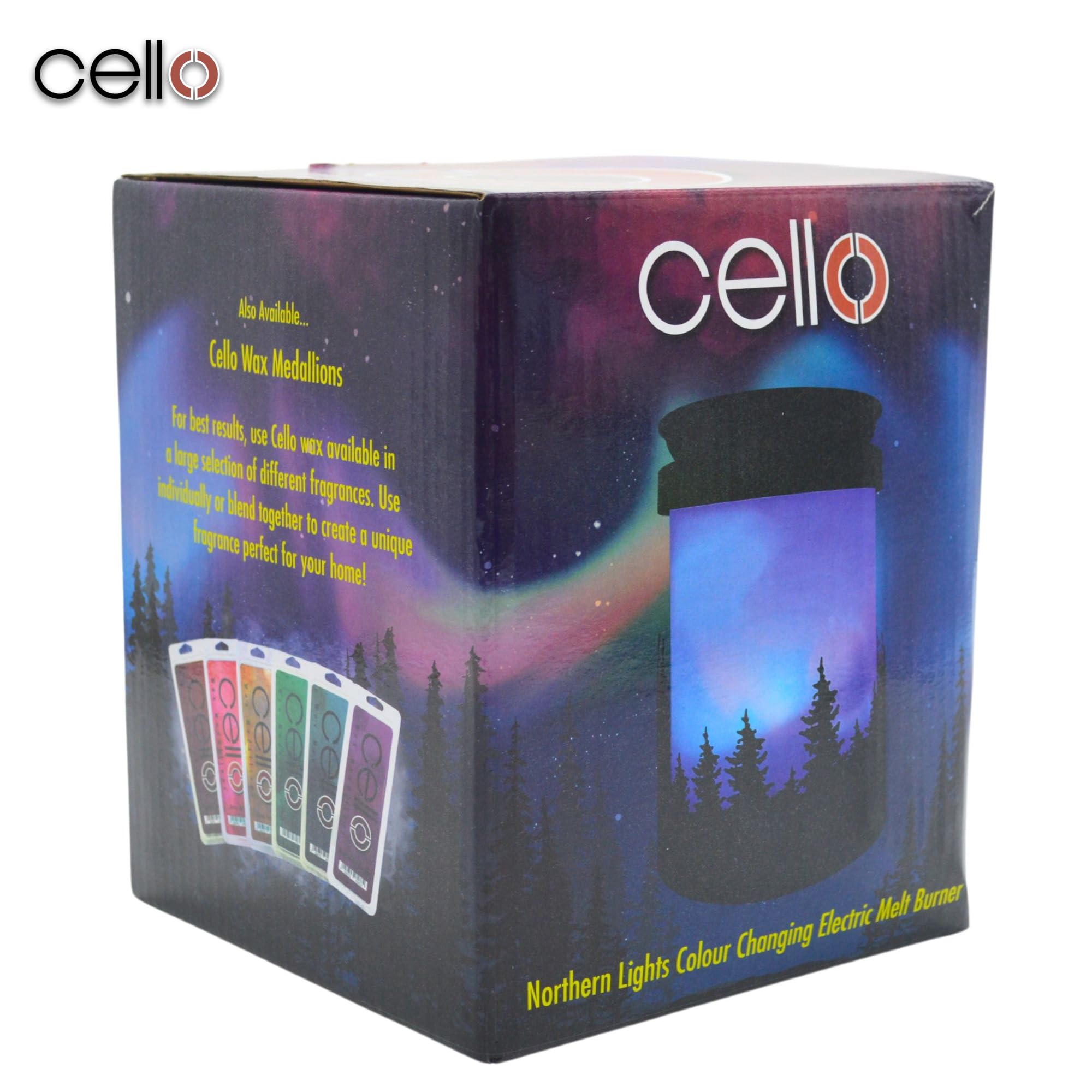 Cello Aurora Northern Lights Electric Wax Melt Burner with Frosted Pine Medallions - Aromatherapy Diffuser for Home, Office & Spa Relaxation