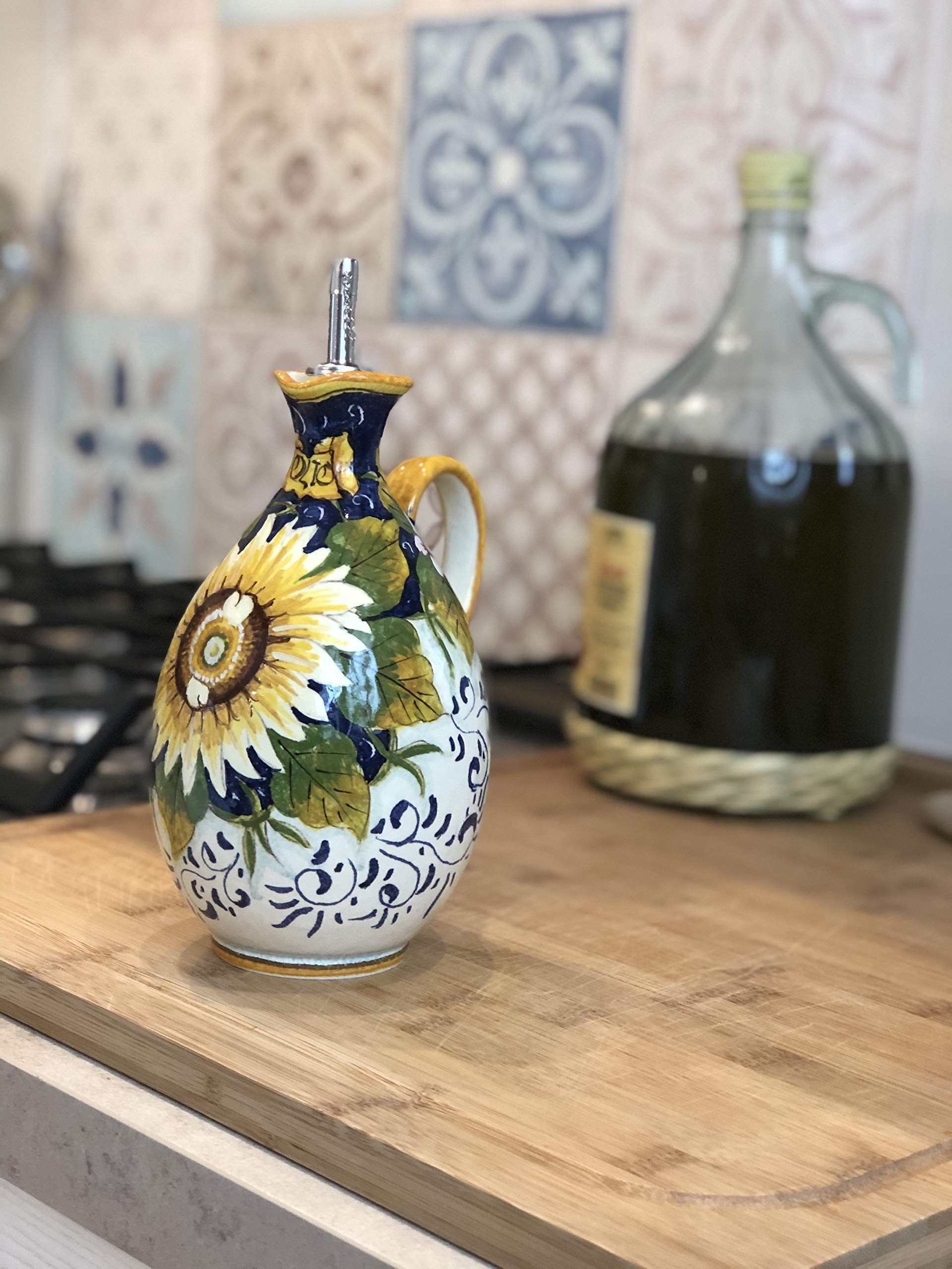 Italian Ceramic Oil Cruet - Hand Painted Sunflower Design Art Pottery from Tuscany, Made in Italy | Perfect for Kitchen, Dining Table & Gift Giving