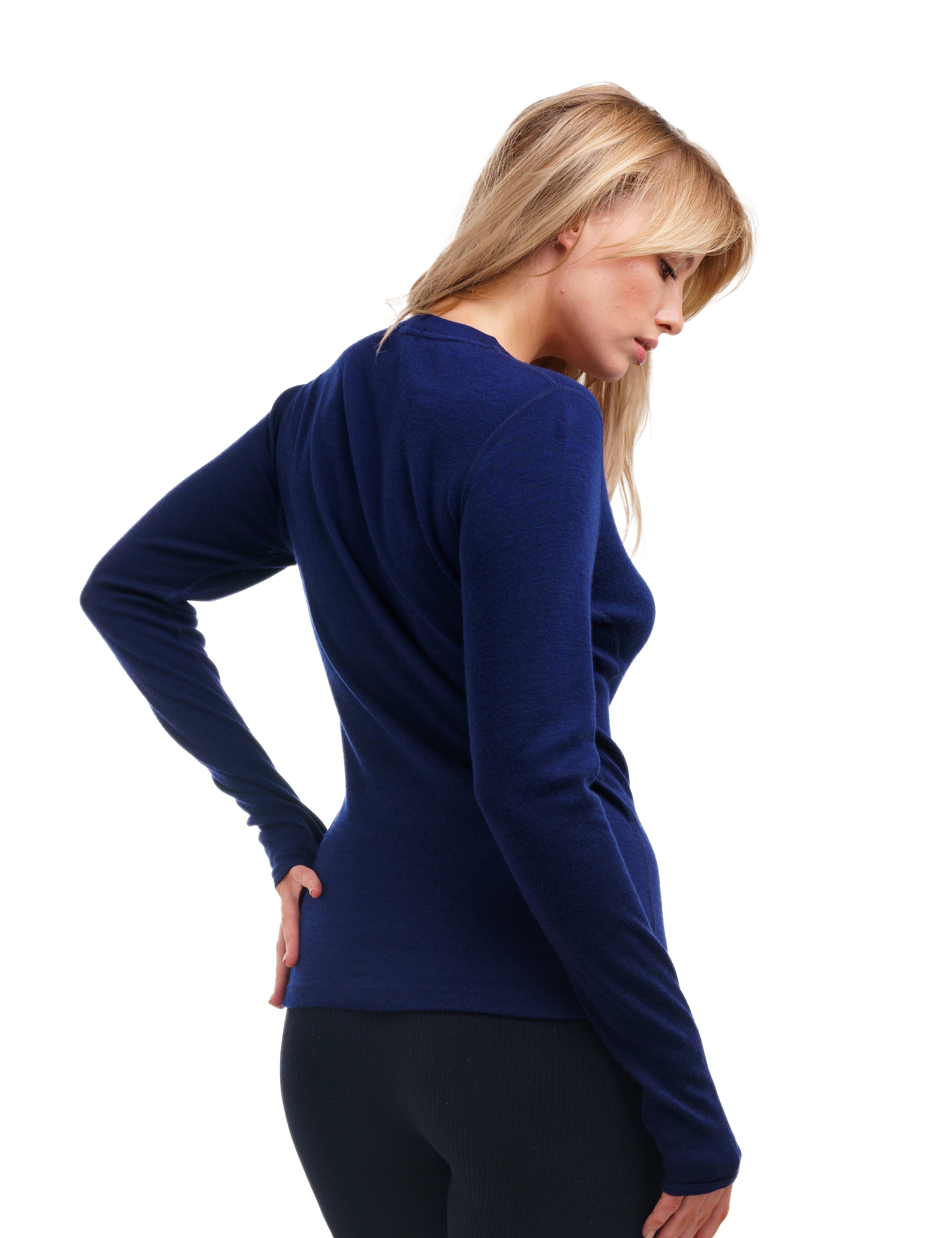 Women's Merino Wool Long Sleeve Thermal Shirt - 250g Navy Blue Base Layer for Hiking, Skiing & Winter Outdoor Activities