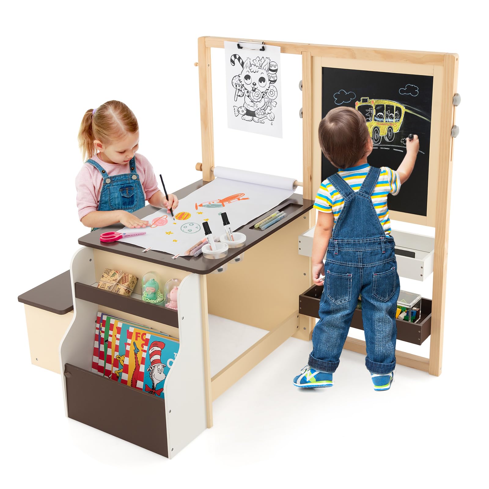 Costzon Kids Wooden Art Easel with Double-Sided Blackboard & Whiteboard - Adjustable Drawing Table with Paper Roll, Storage & Chair Set for Toddlers - Perfect for Home, Classroom & Art Studio (Brown)